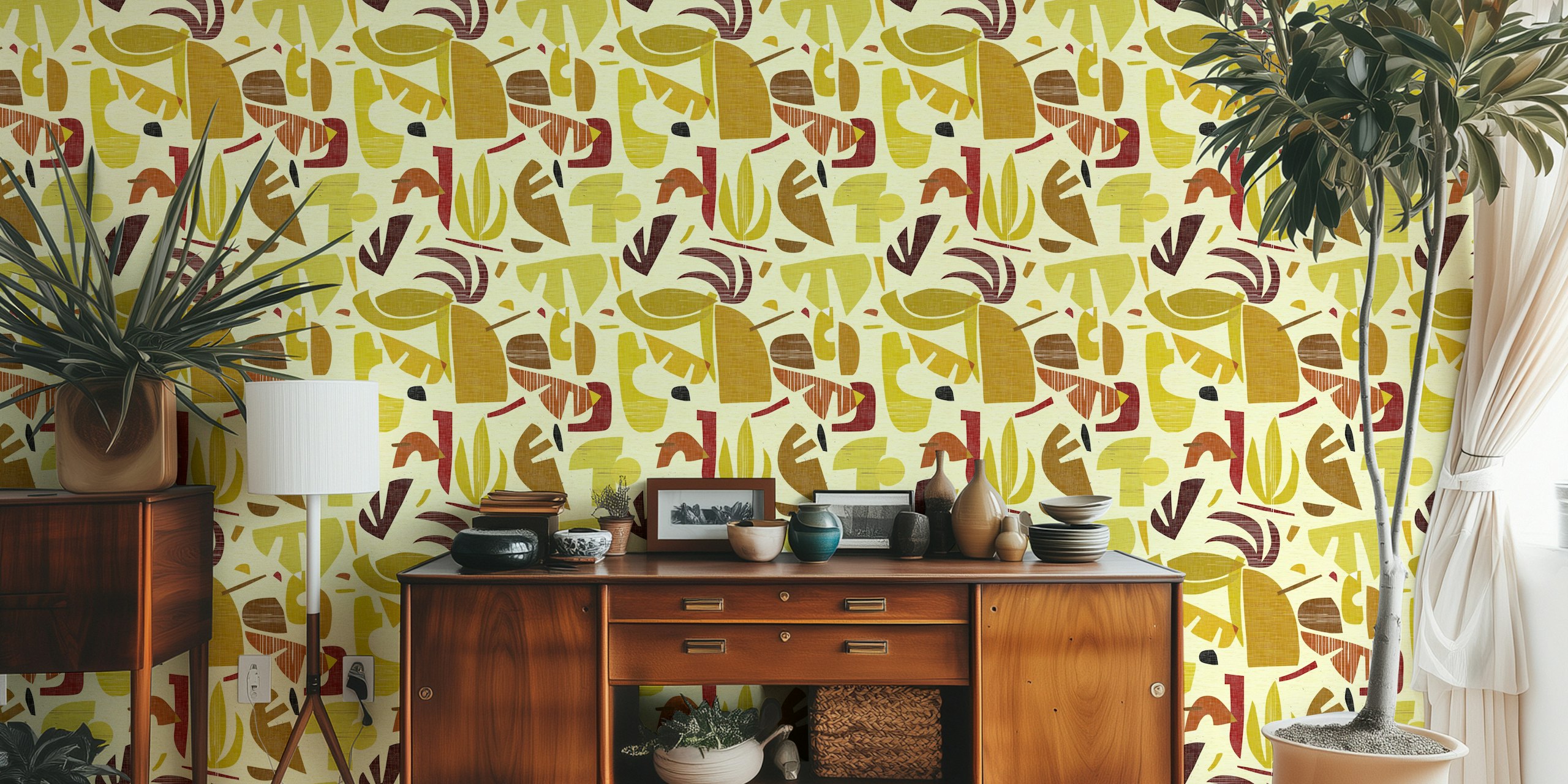Colorful abstract tropical leaf pattern in earthy tones wallpaper