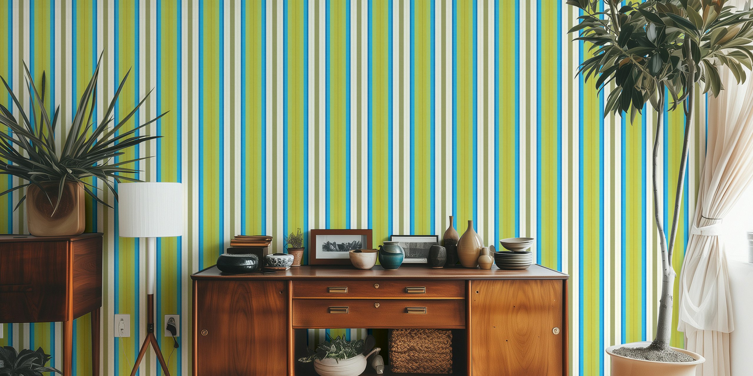 Colorful striped wallpaper in green, blue, and white