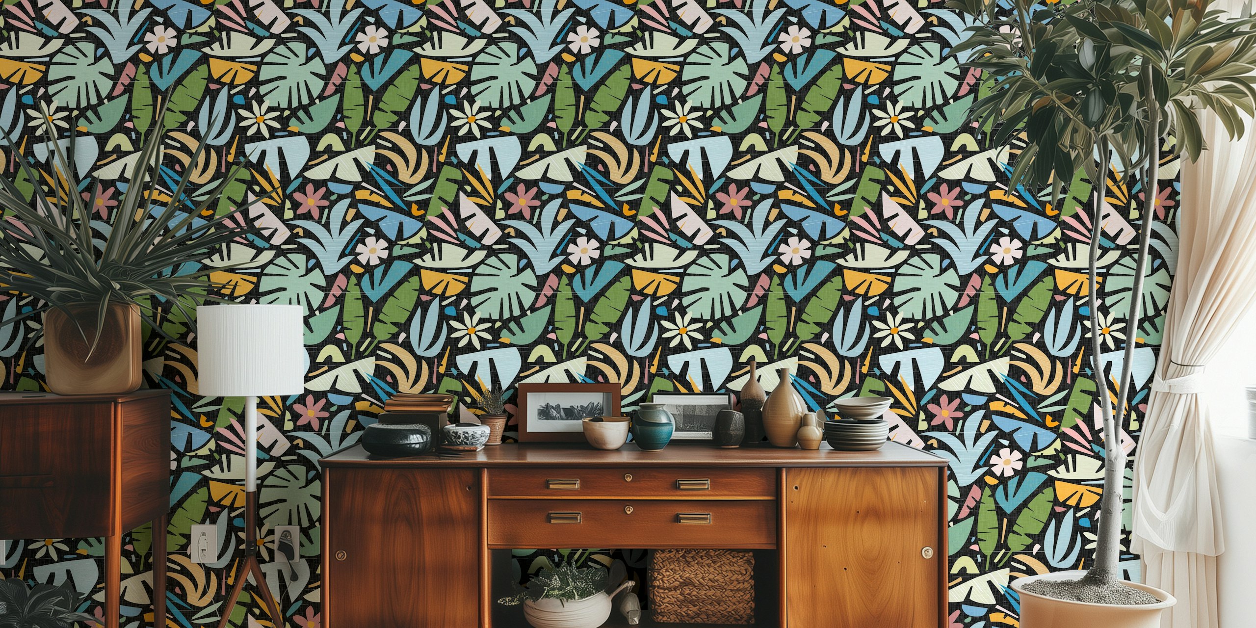 Tropical leaves and flowers in pastel colors on a black background wallpaper