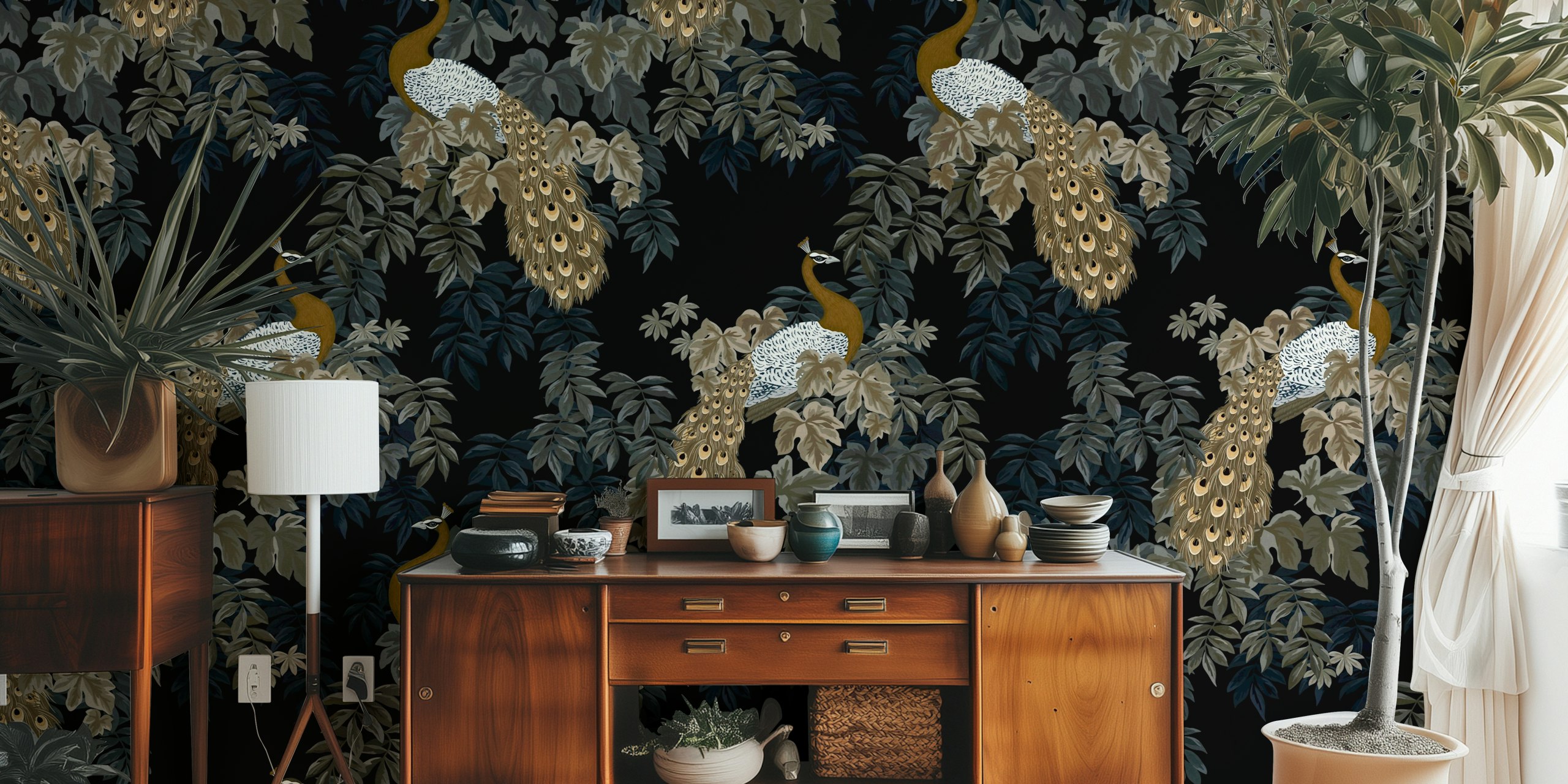 Peacocks and leaves in black and burnt sienna wallpaper