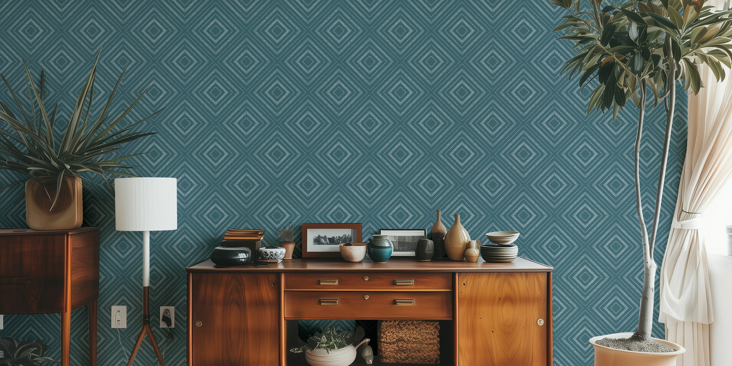 Dotted geometric wallpaper in a modern room