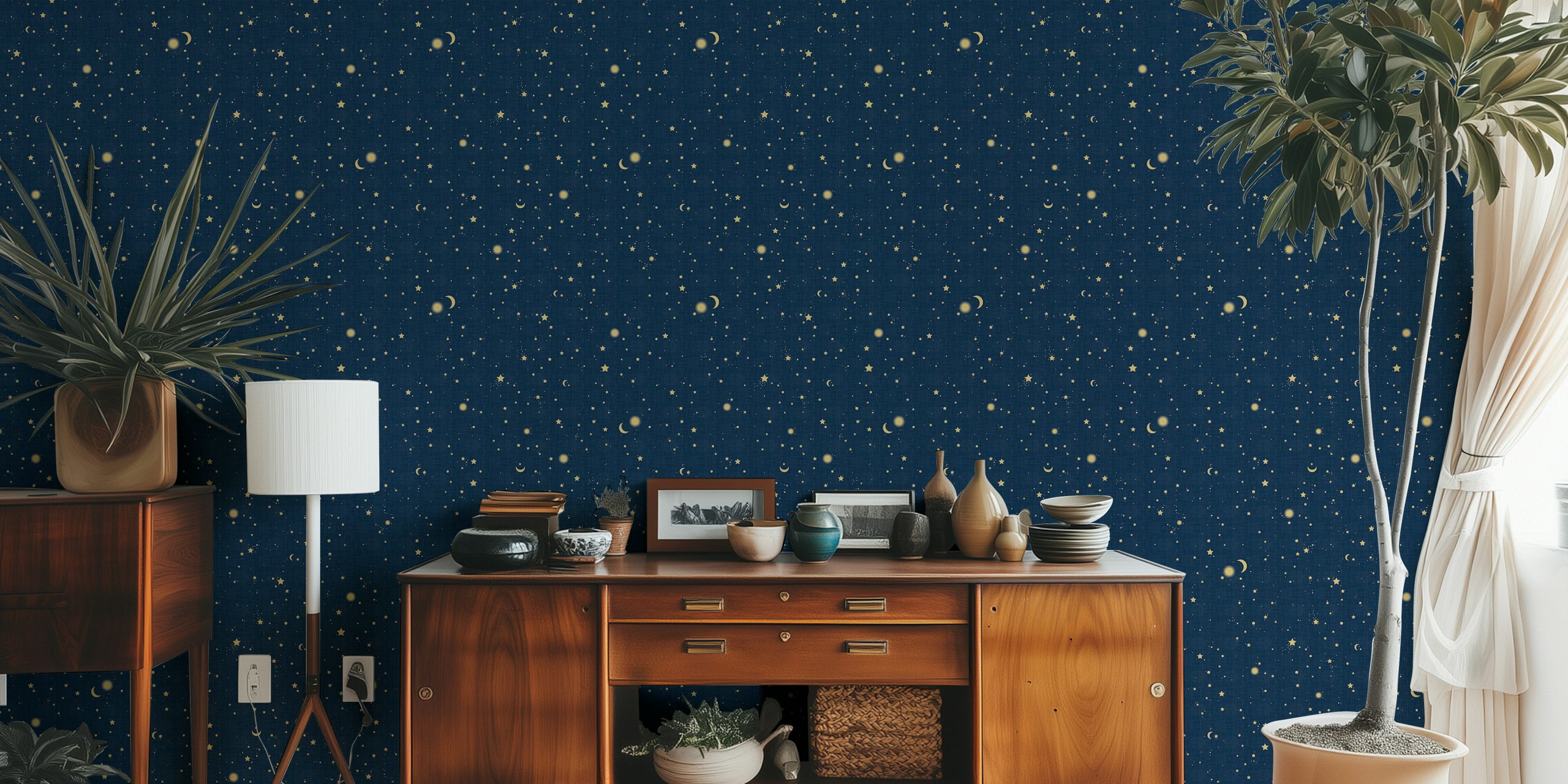 Magical Night gold i blue wallpaper w pokoju