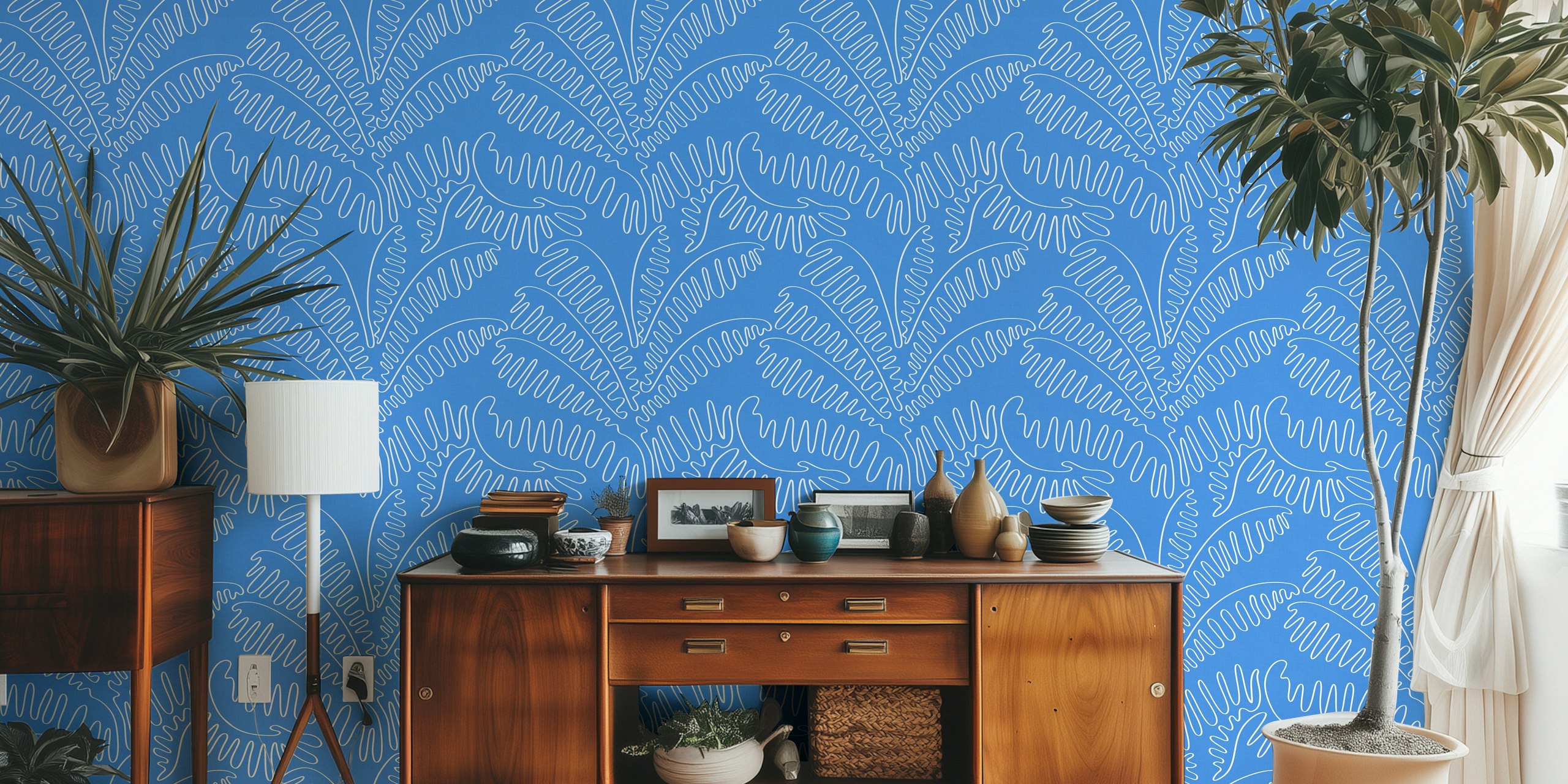 Azure Blue line art palm leaves wallpaper
