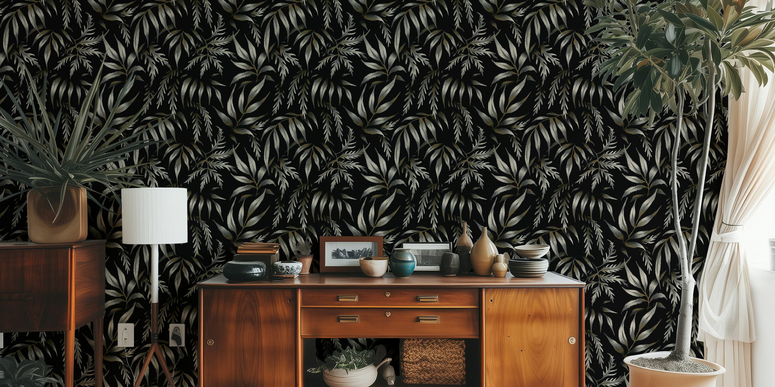 Black foliage with grey botanical leaves wallpaper