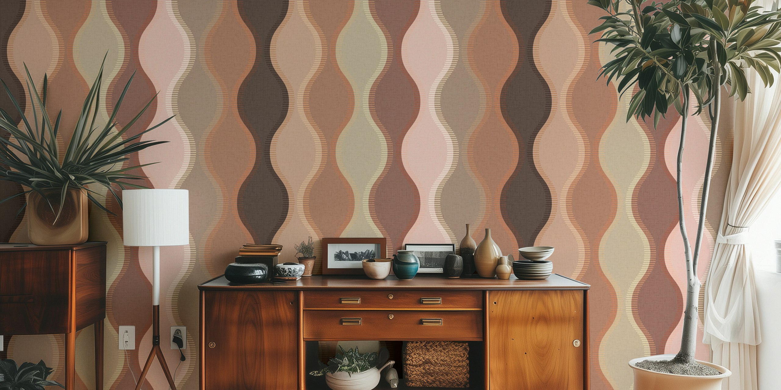 Curvilinear striped patterns in mocha, pink and beige tones wallpaper