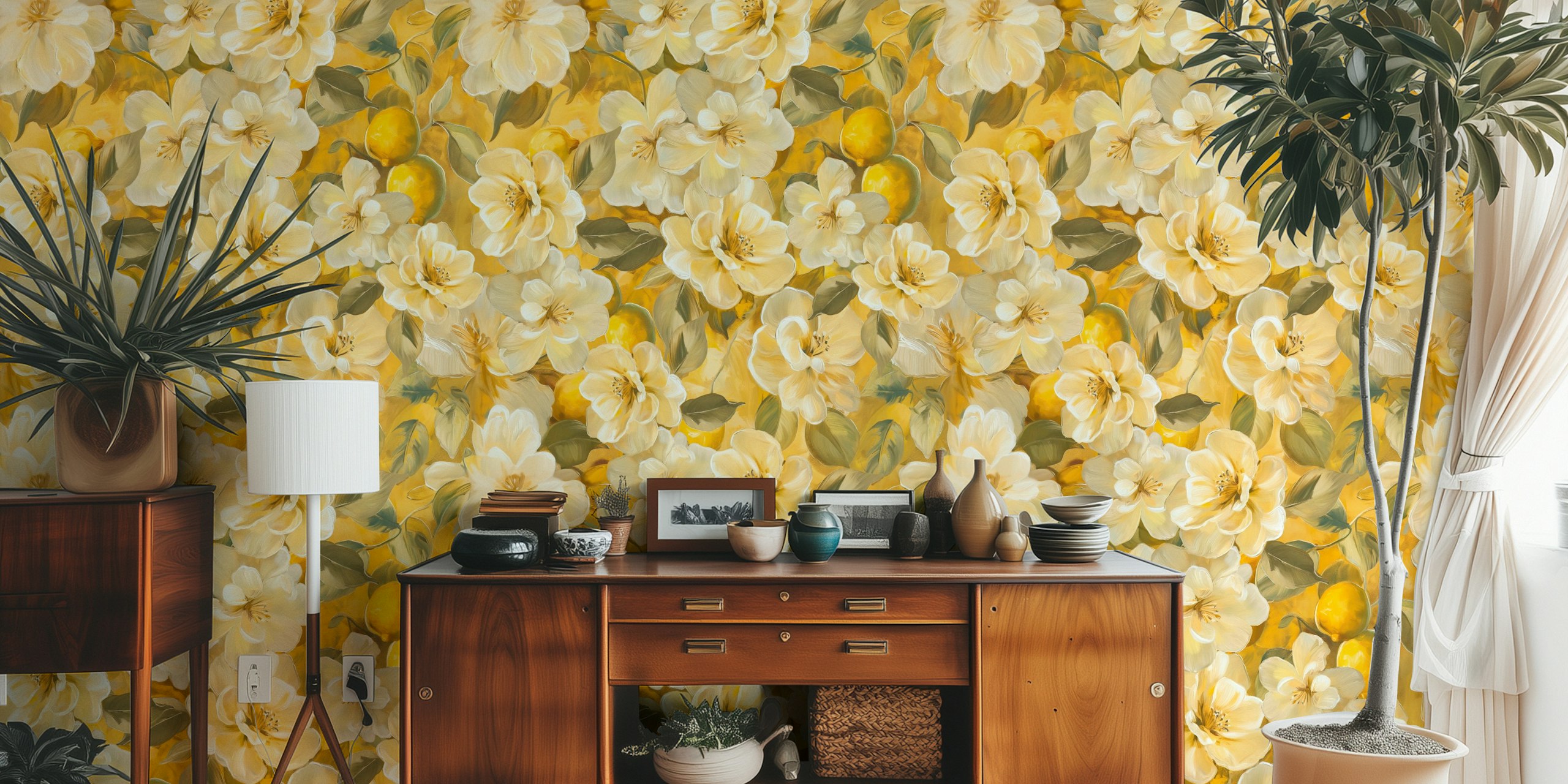 Lemon Scented Blooms behang in een kamer