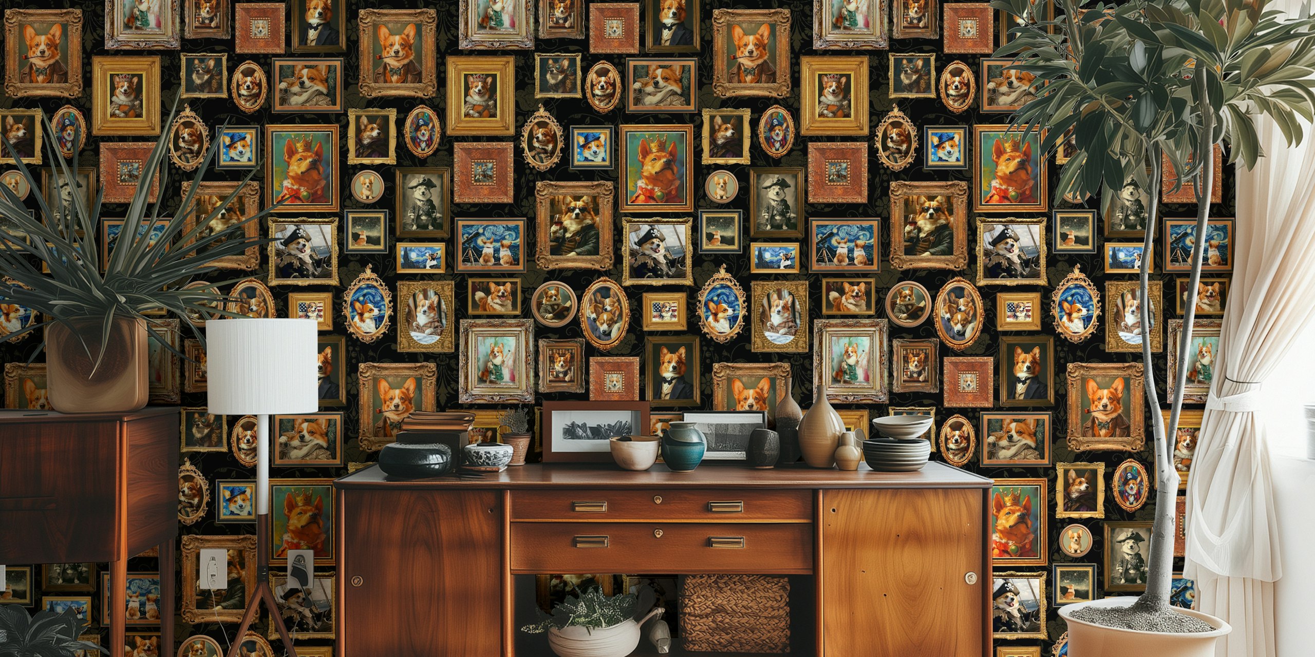 Vintage Corgi portraits in ornate frames on a black background wallpaper