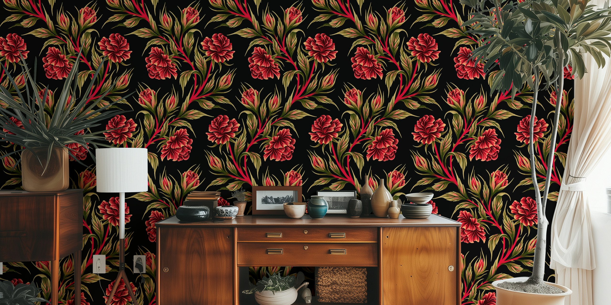 Red floral pattern with green leaves on black background wallpaper