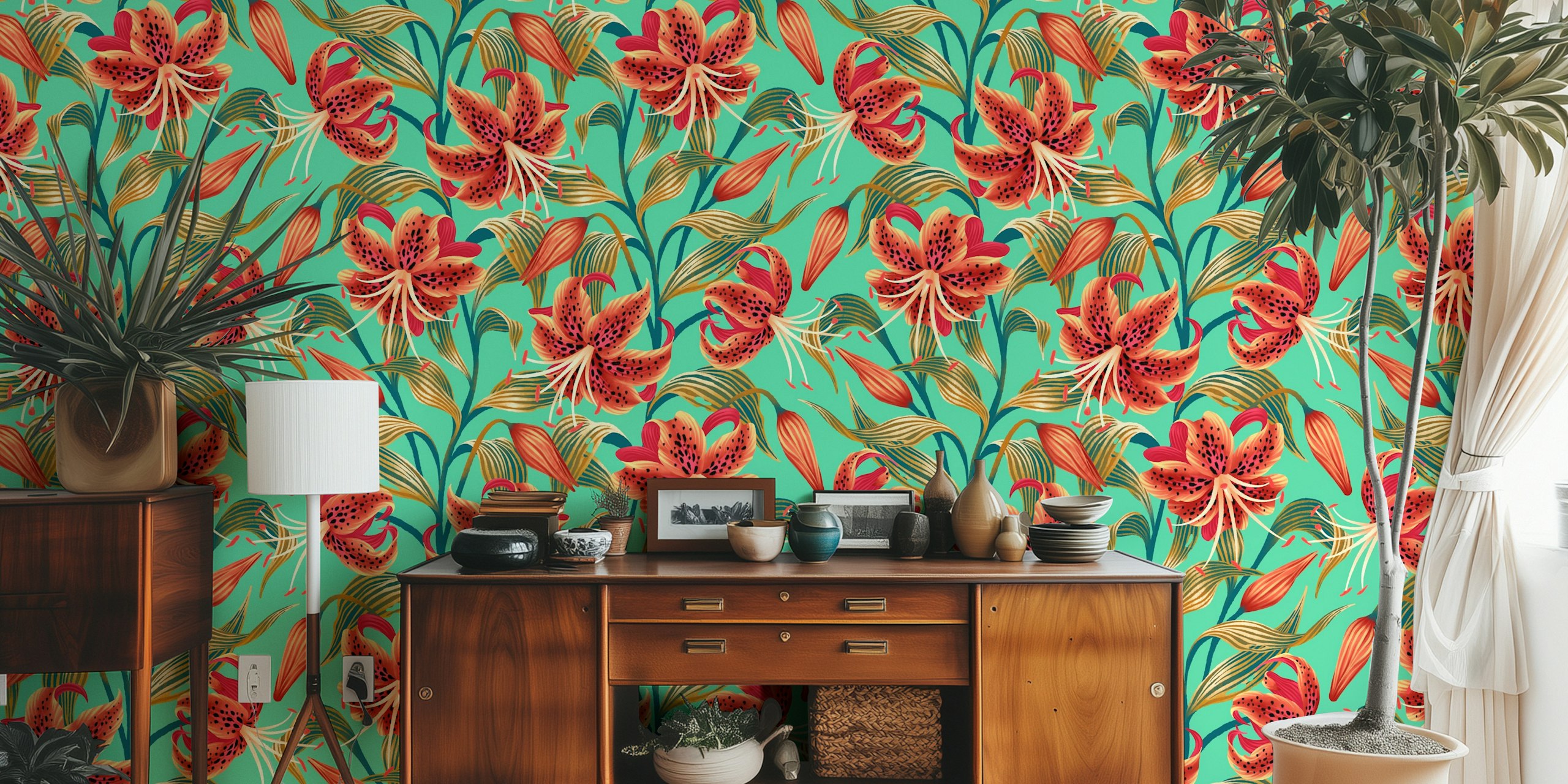 Tiger lilies and leaves in orange and green on mint green wallpaper