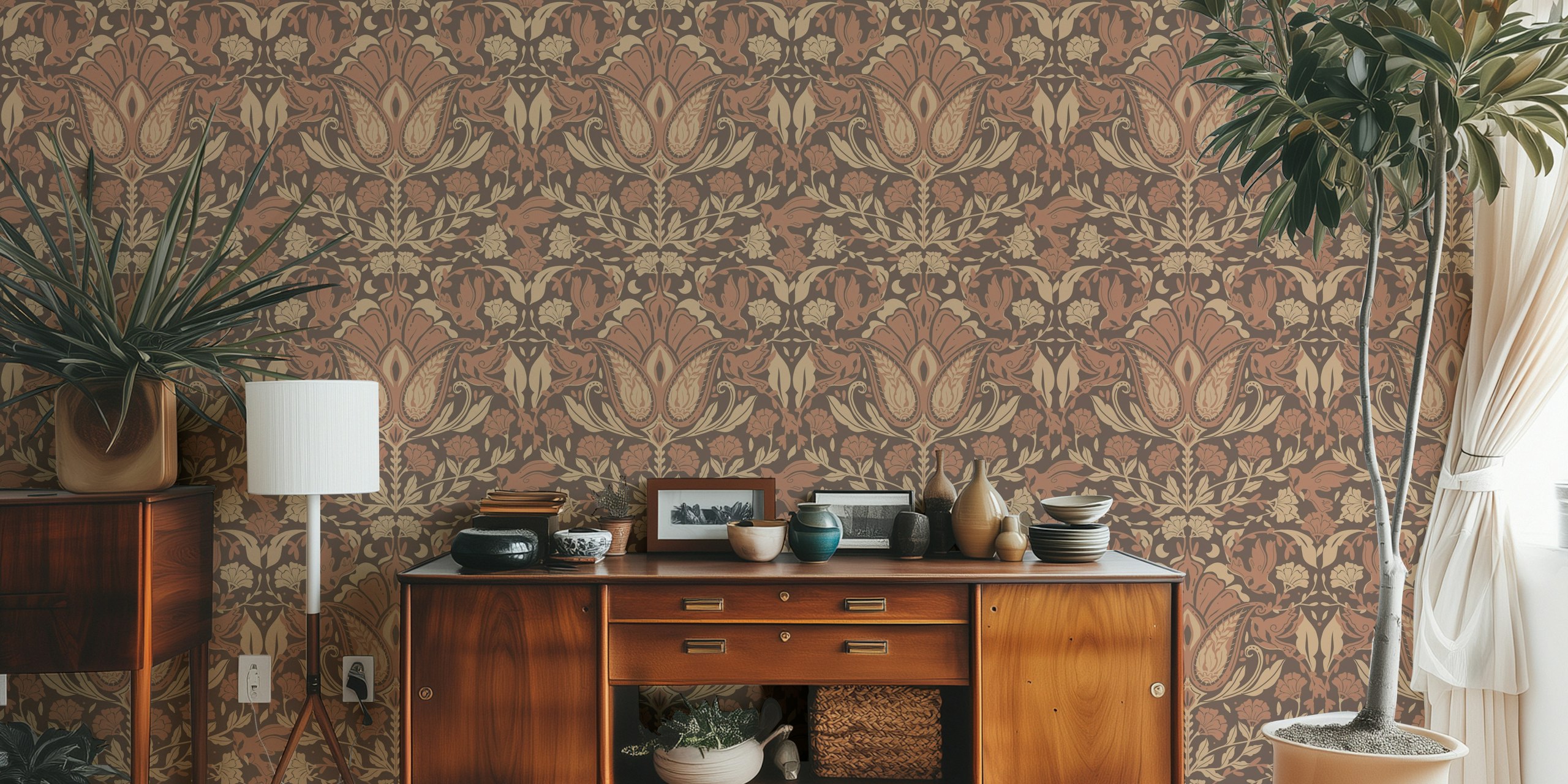 Floral and songbird pattern in warm beige and brown wallpaper