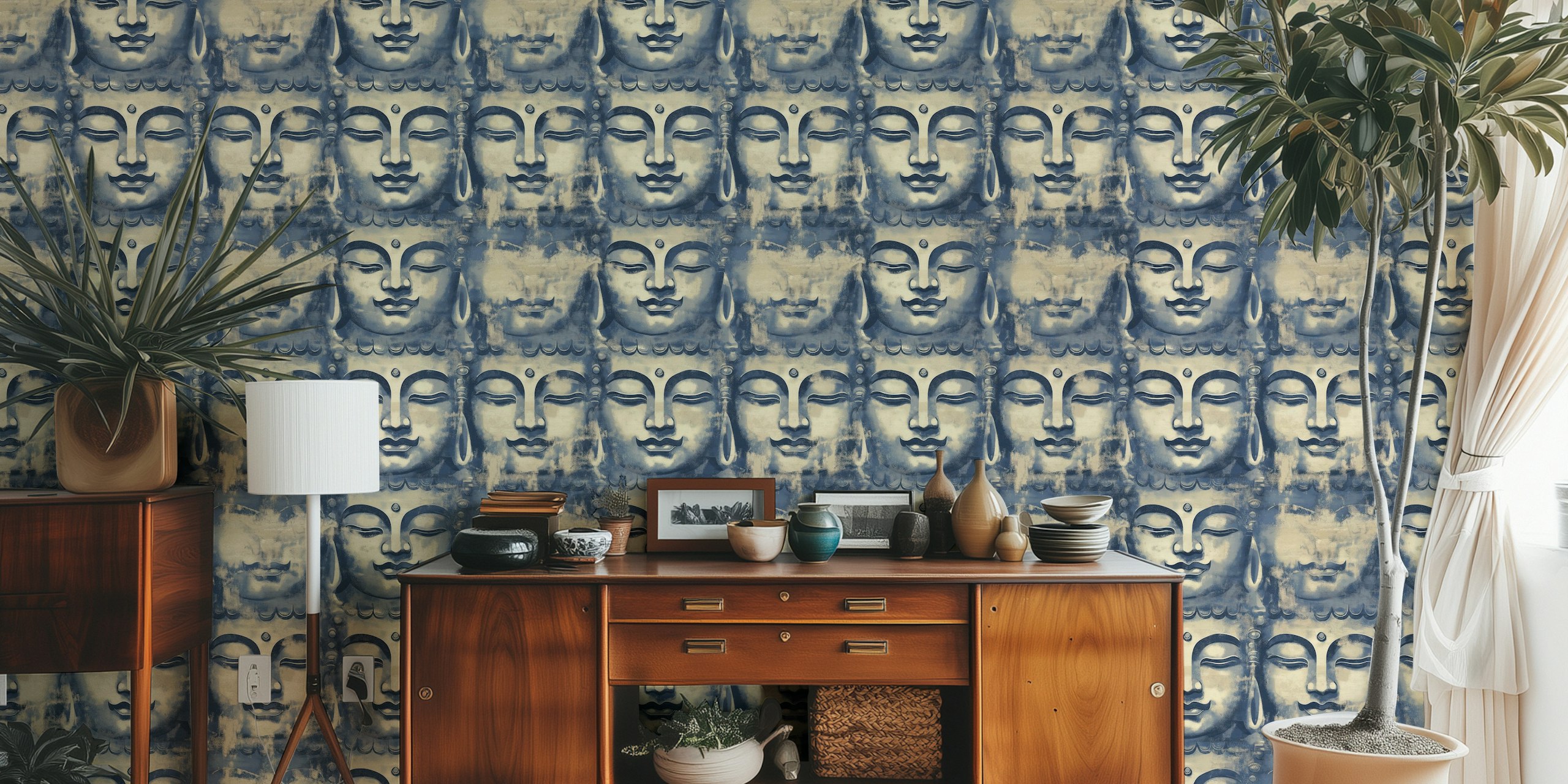 Buddha face patterns in blue tones wall mural