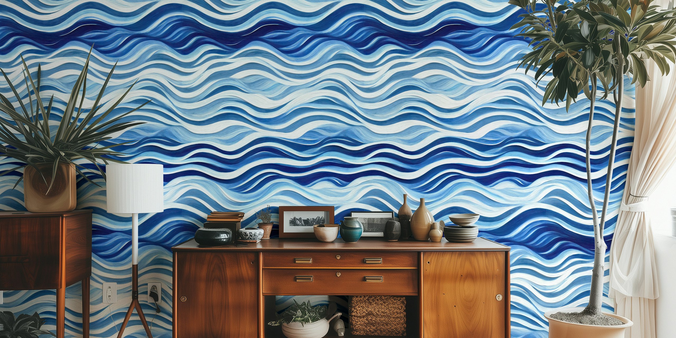 Oceanic blue waves in various shades of blue wallpaper
