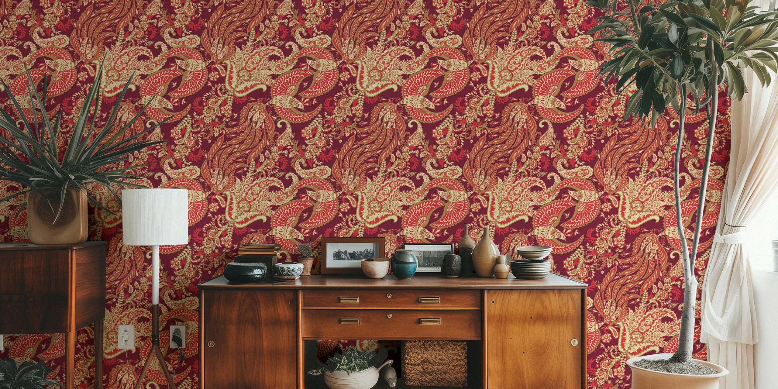 Rich ruby floral paisley wallpaper in red, cream, and green