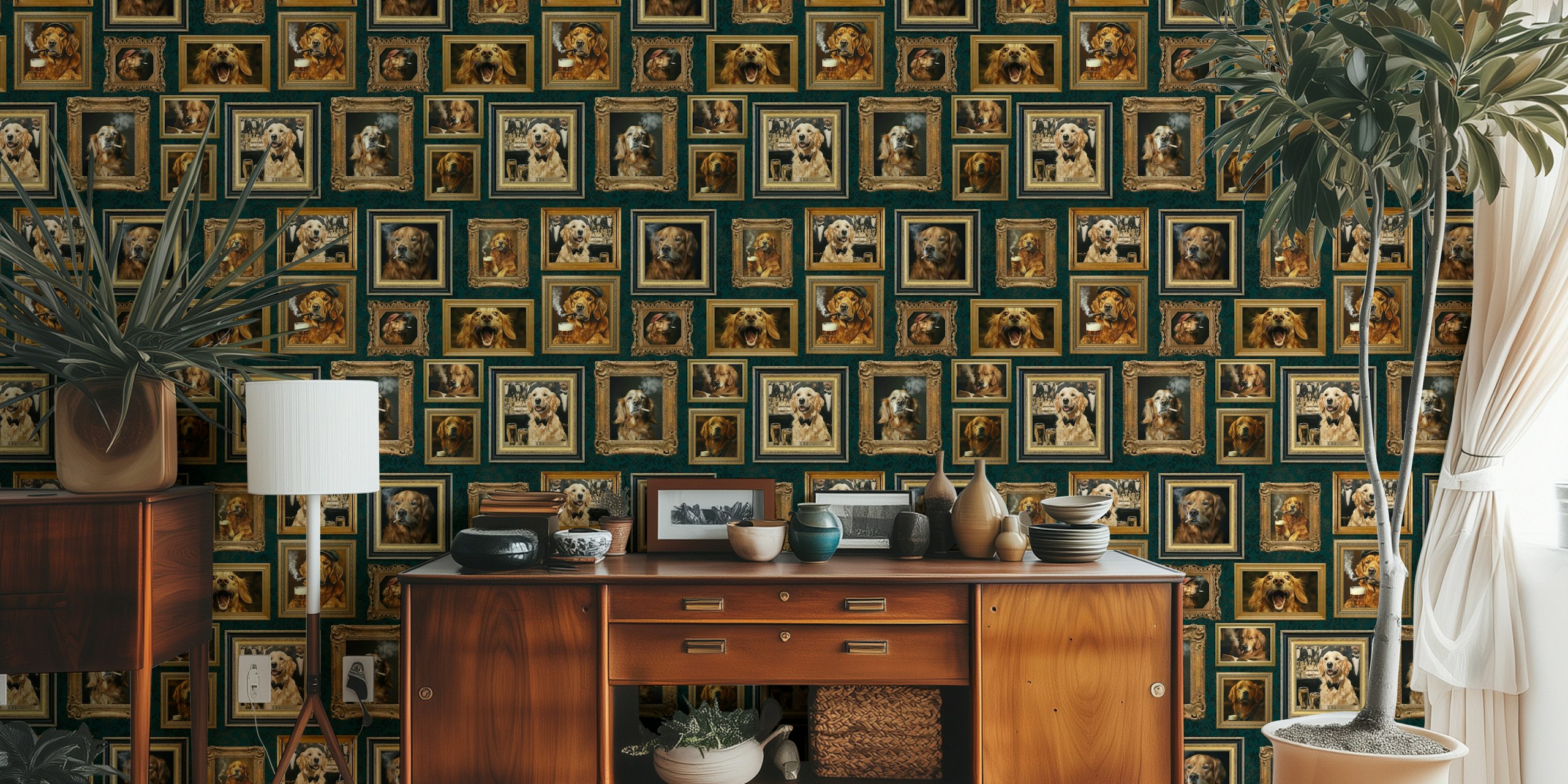 Various golden retriever portraits in ornate frames, dark background wallpaper