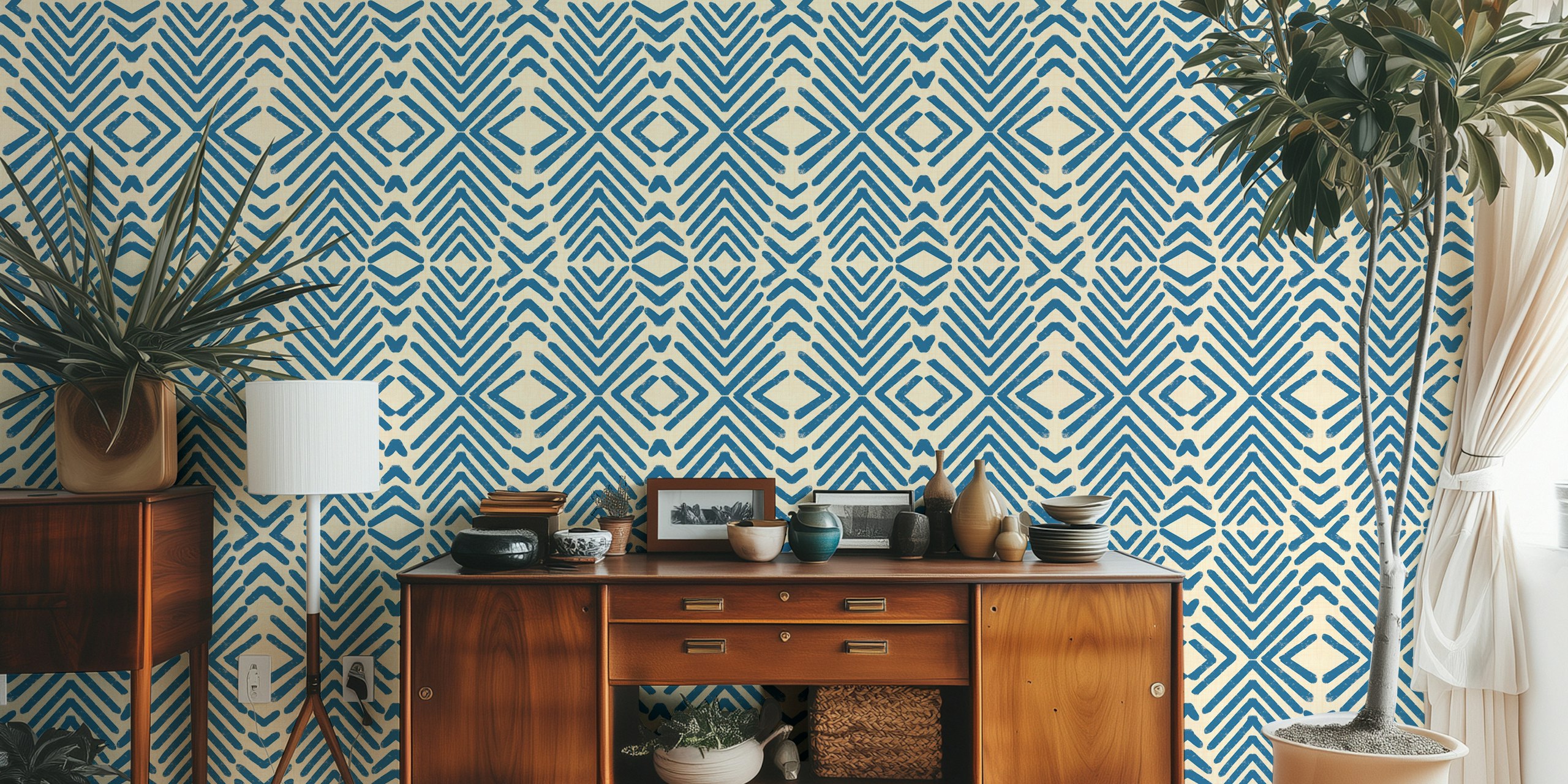 Blue tribal arrows pattern on beige background wallpaper
