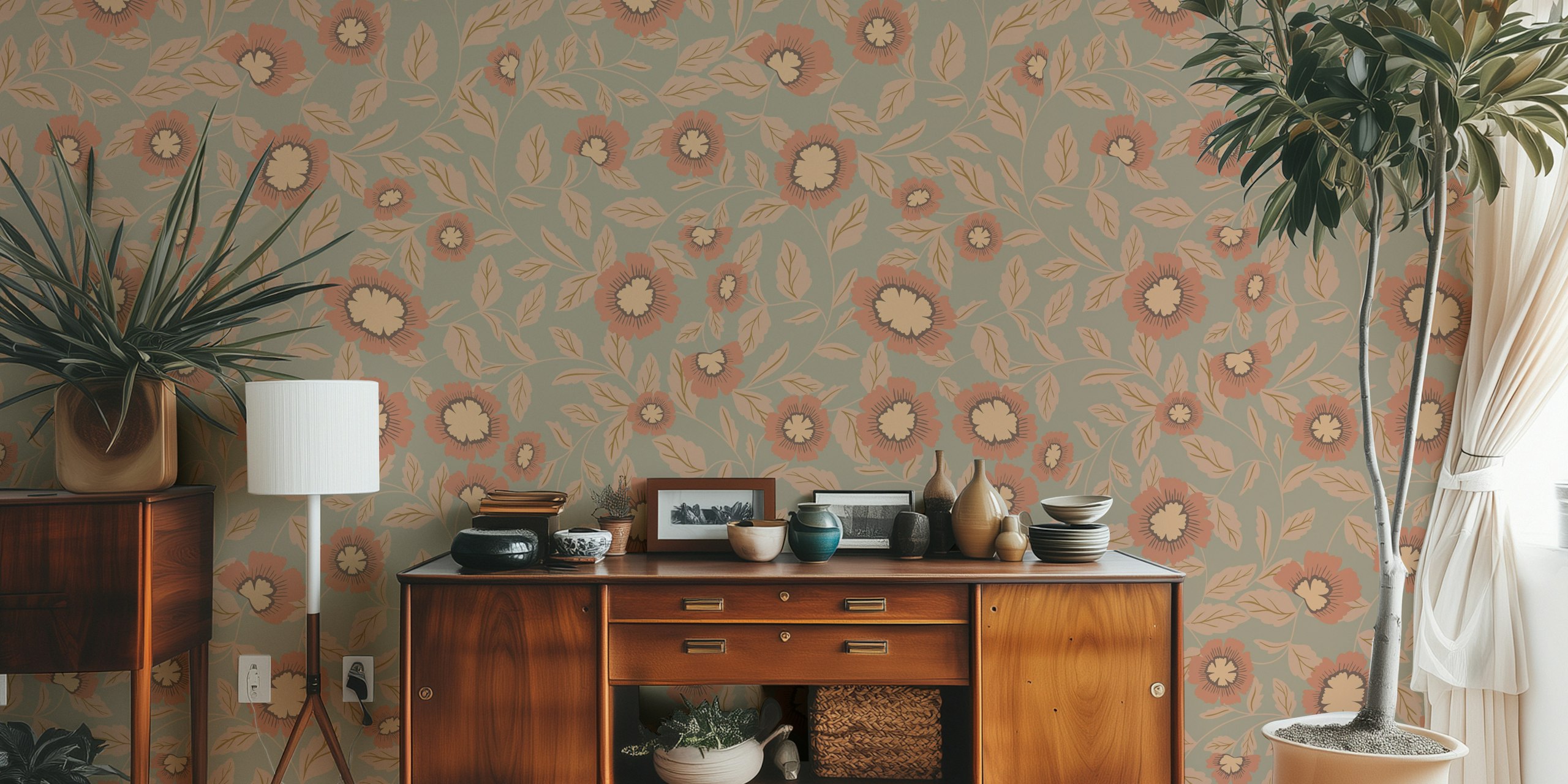 Rustic floral wallpaper featuring beige flowers on a green background