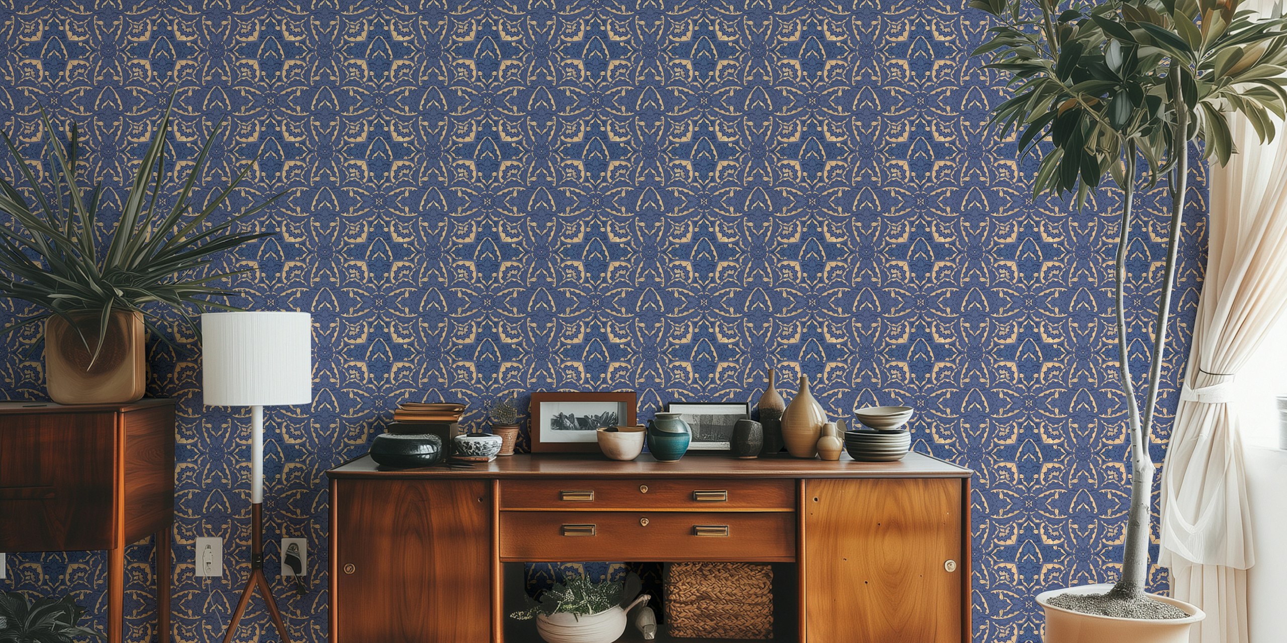 Geometric Art Deco blue saphire papel tapiz en la habitación