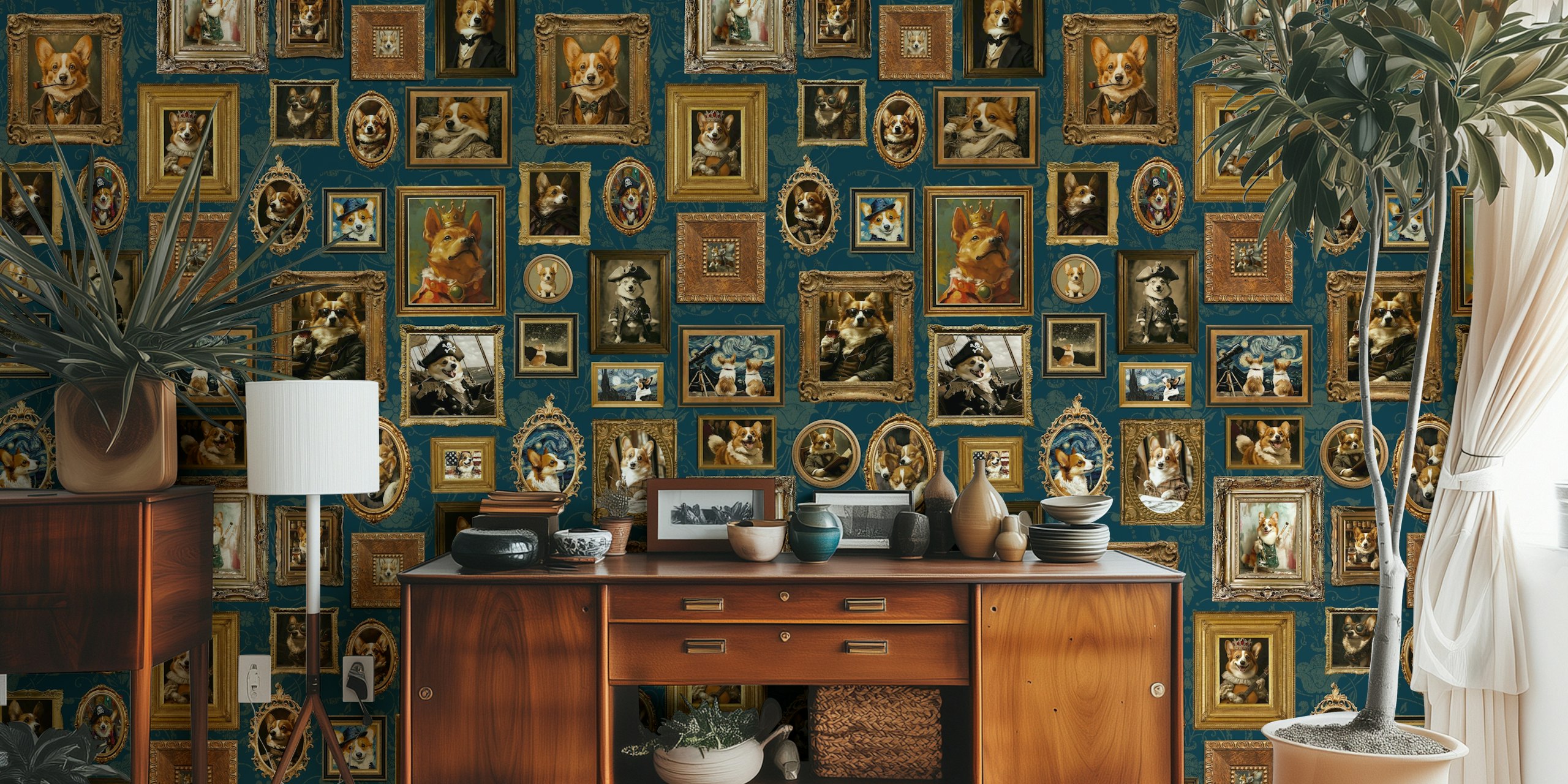 Tapeta Vintage Famous Corgi Portrait Gallery u sobi