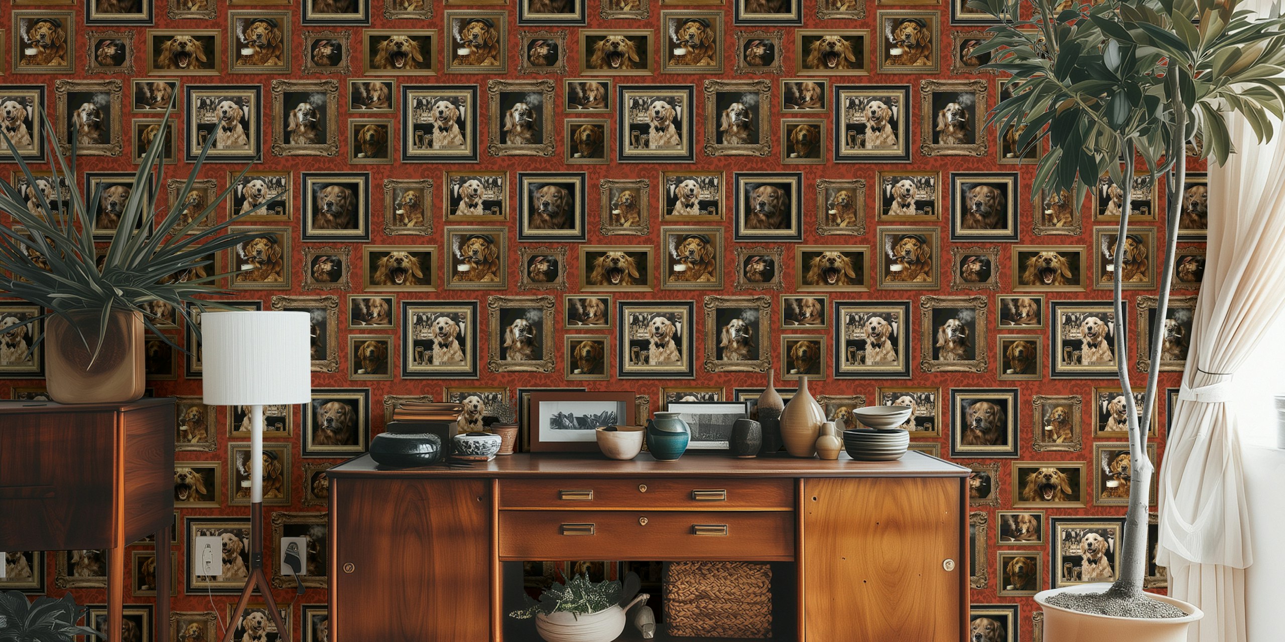 Gallery wall featuring framed portraits of golden retrievers in brown and gold tones wallpaper