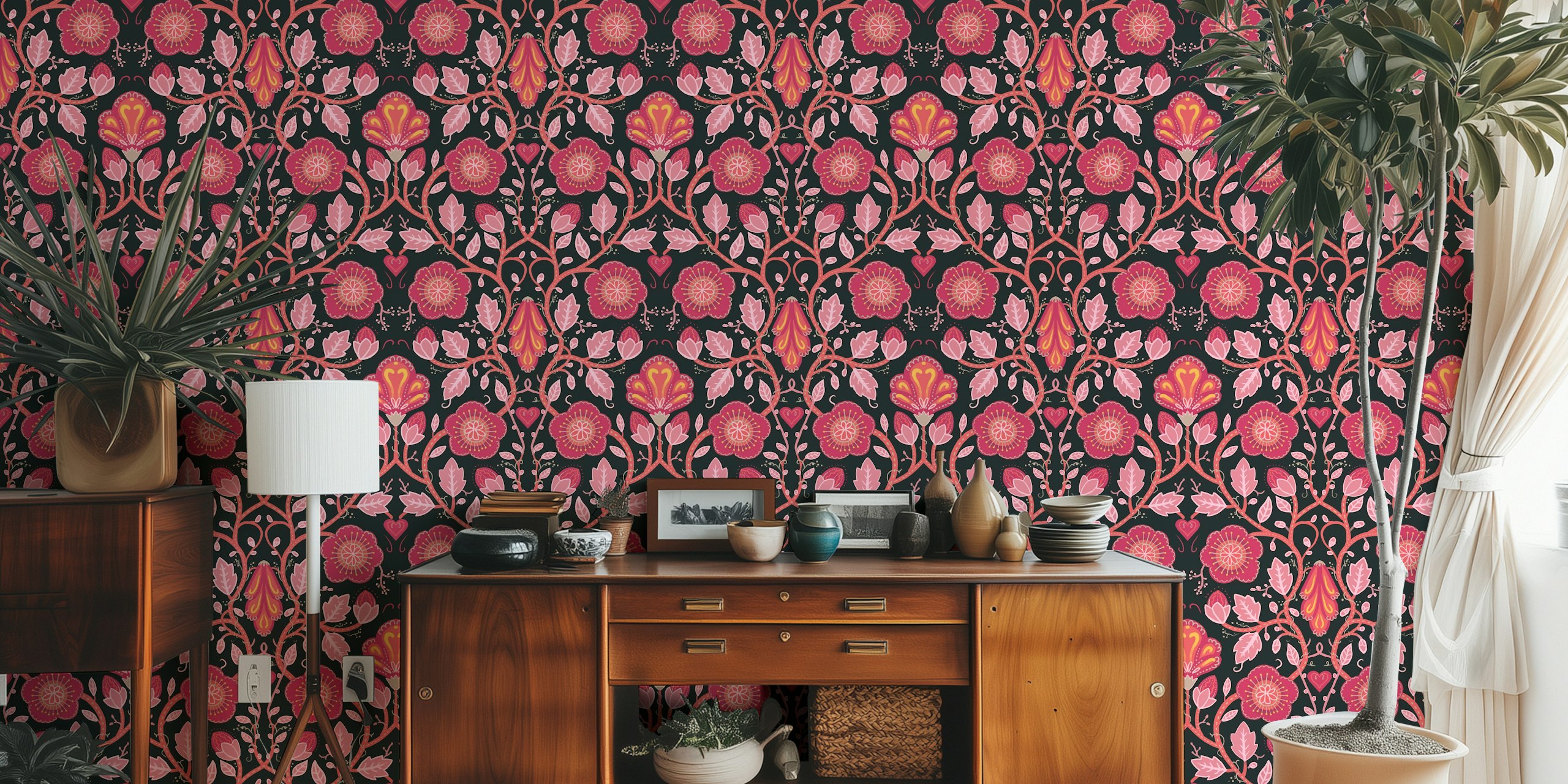 Pink Floral Reverie wallpaper in a room