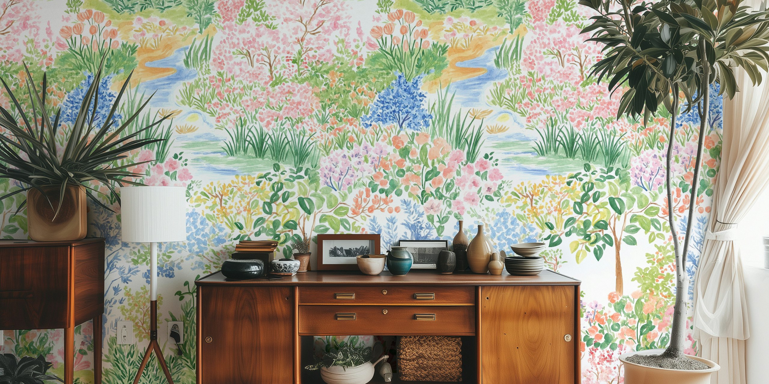 Blooming Meadow Spring Watercolor wallpaper display