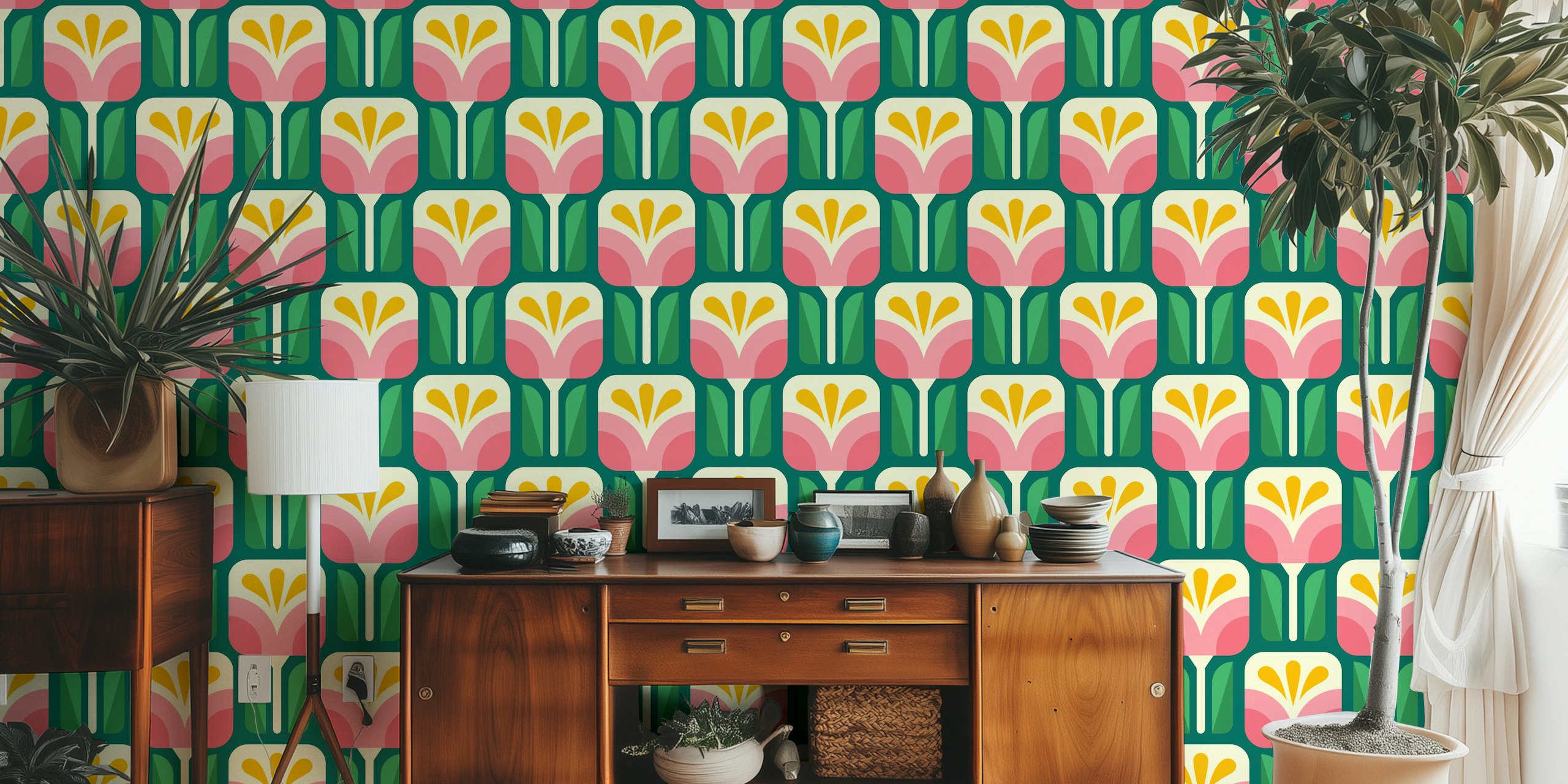 Pink and Green Bold Geometric Blooms tapet i et rum