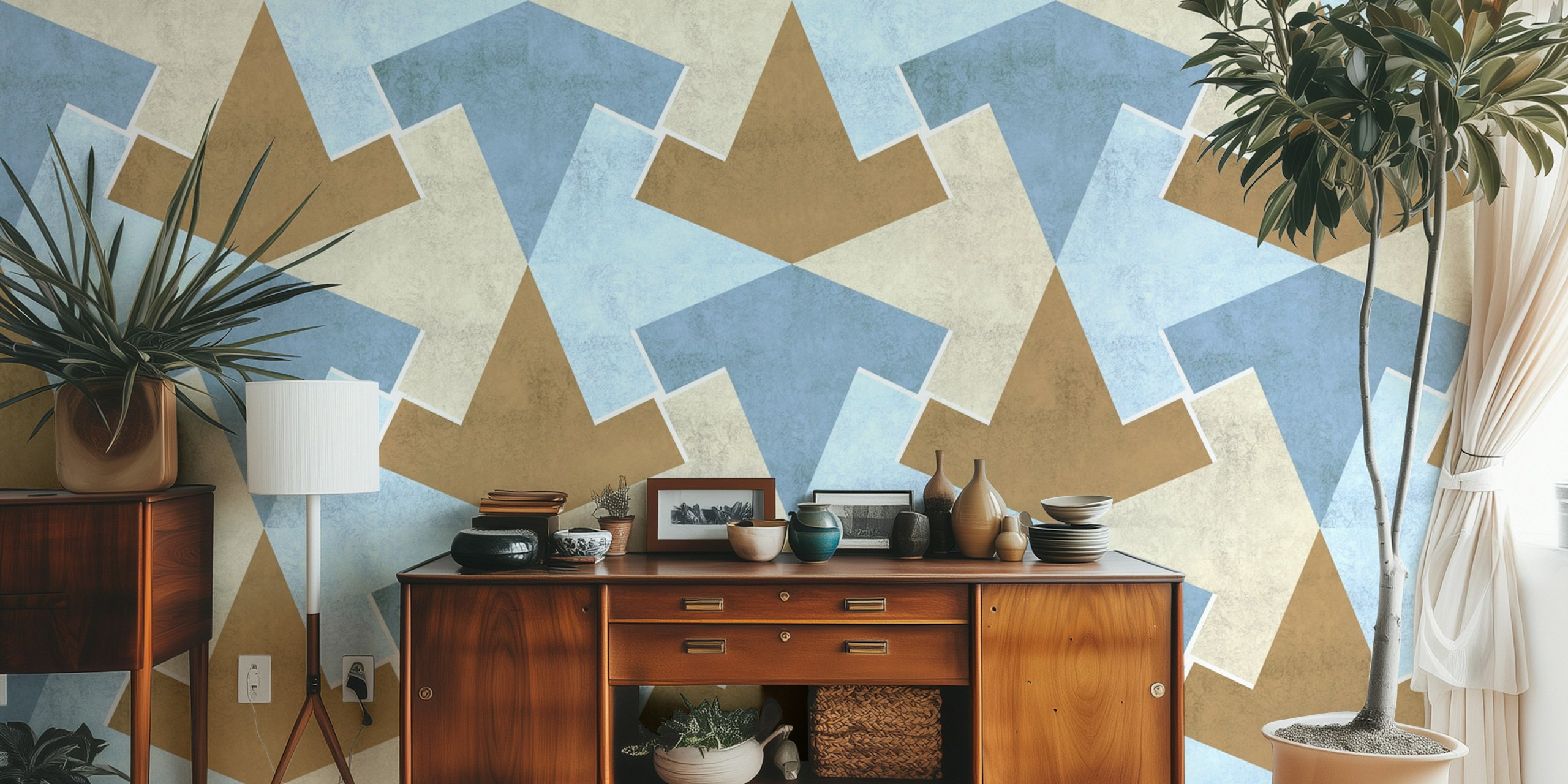 Geometric triangles in earthy blue, beige, and brown wallpaper