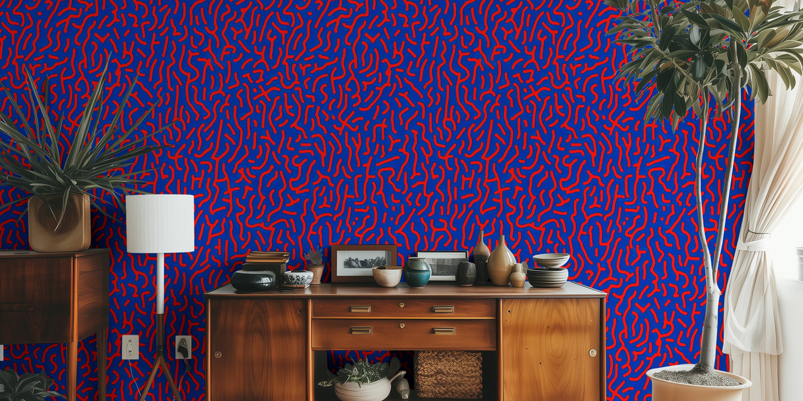 Abstract red and blue squiggly line wallpaper