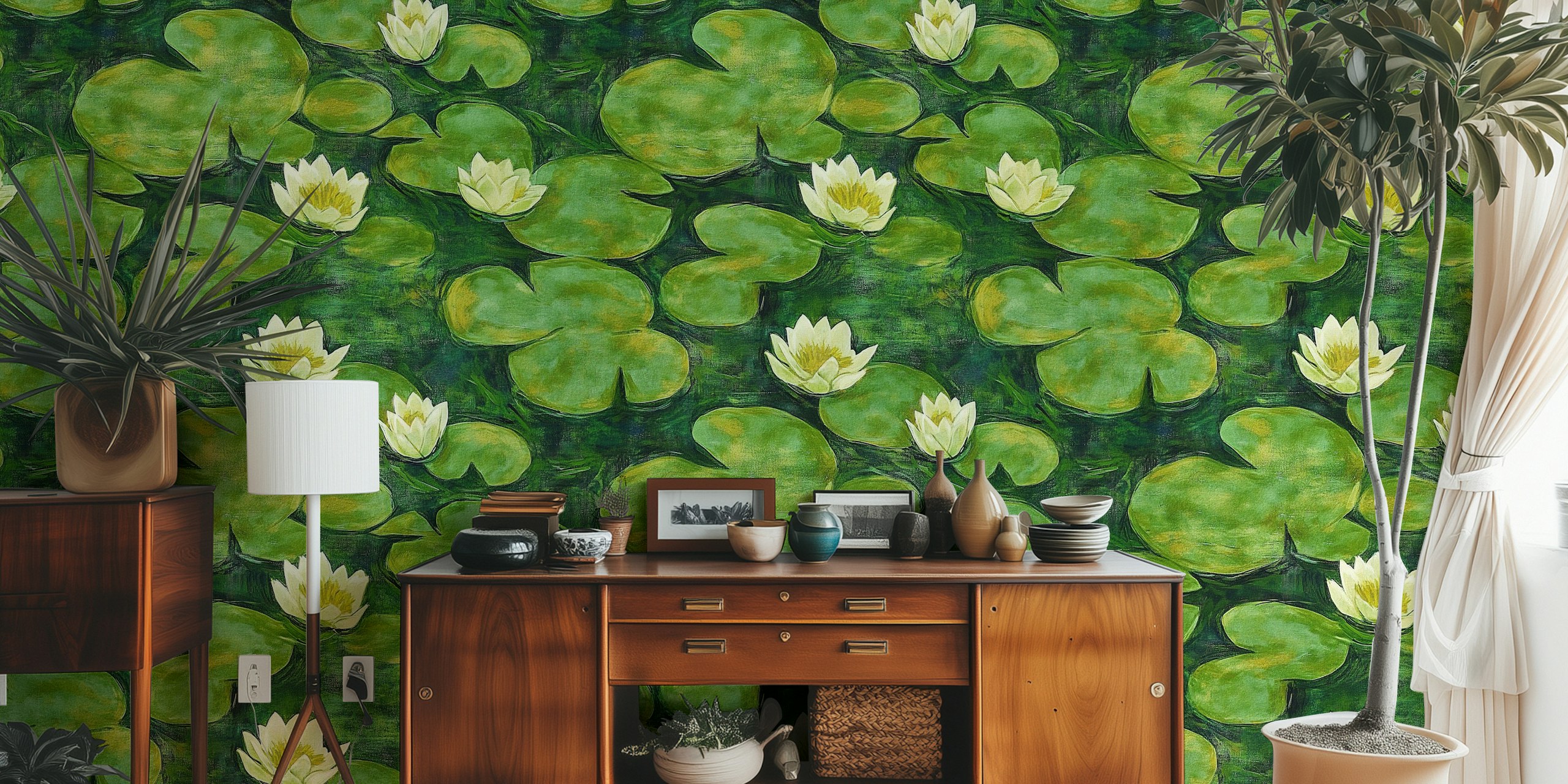 Water lilies and green lily pads close up wallpaper