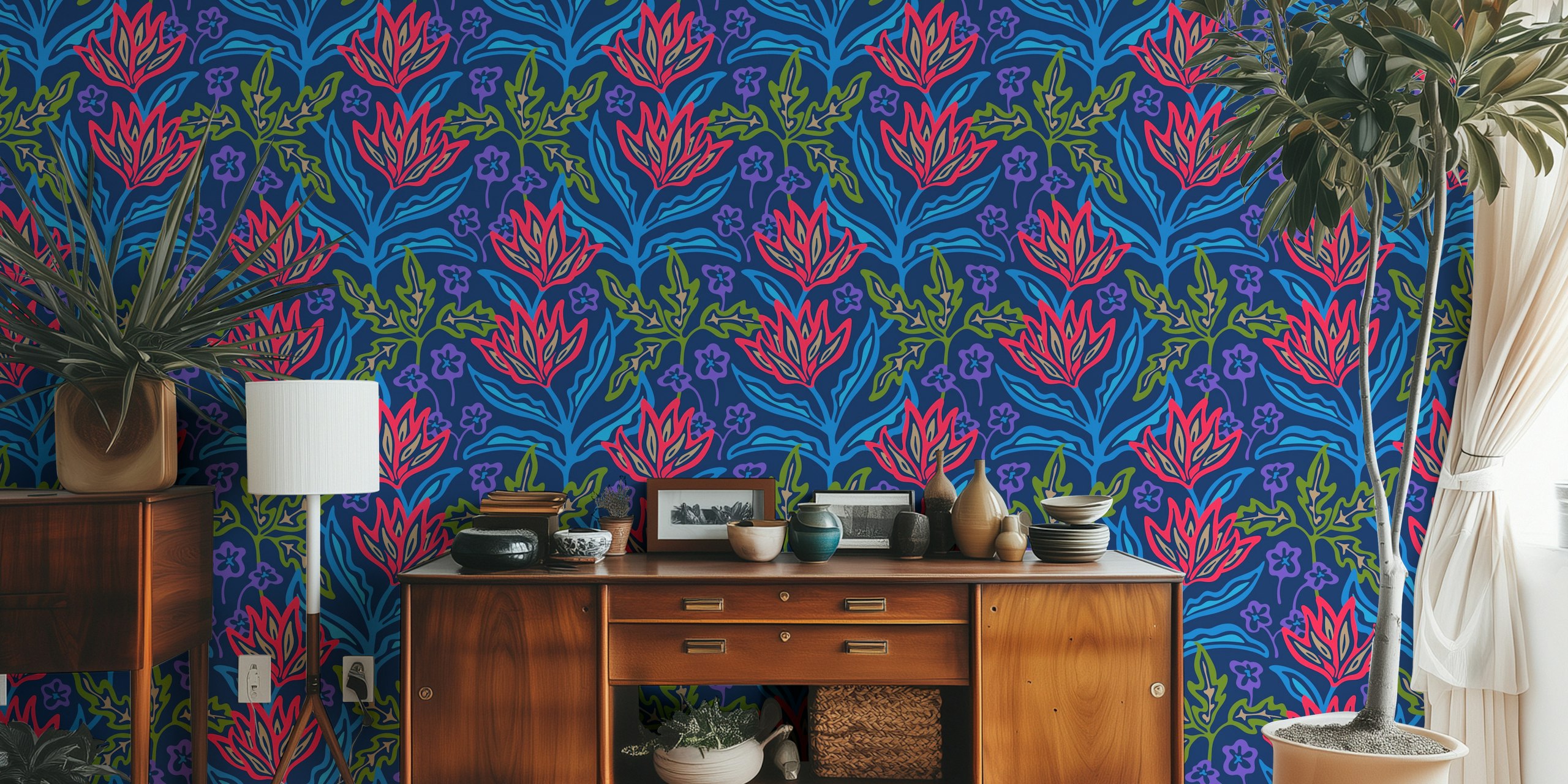 Colorful floral pattern with bold red and blue flowers wallpaper