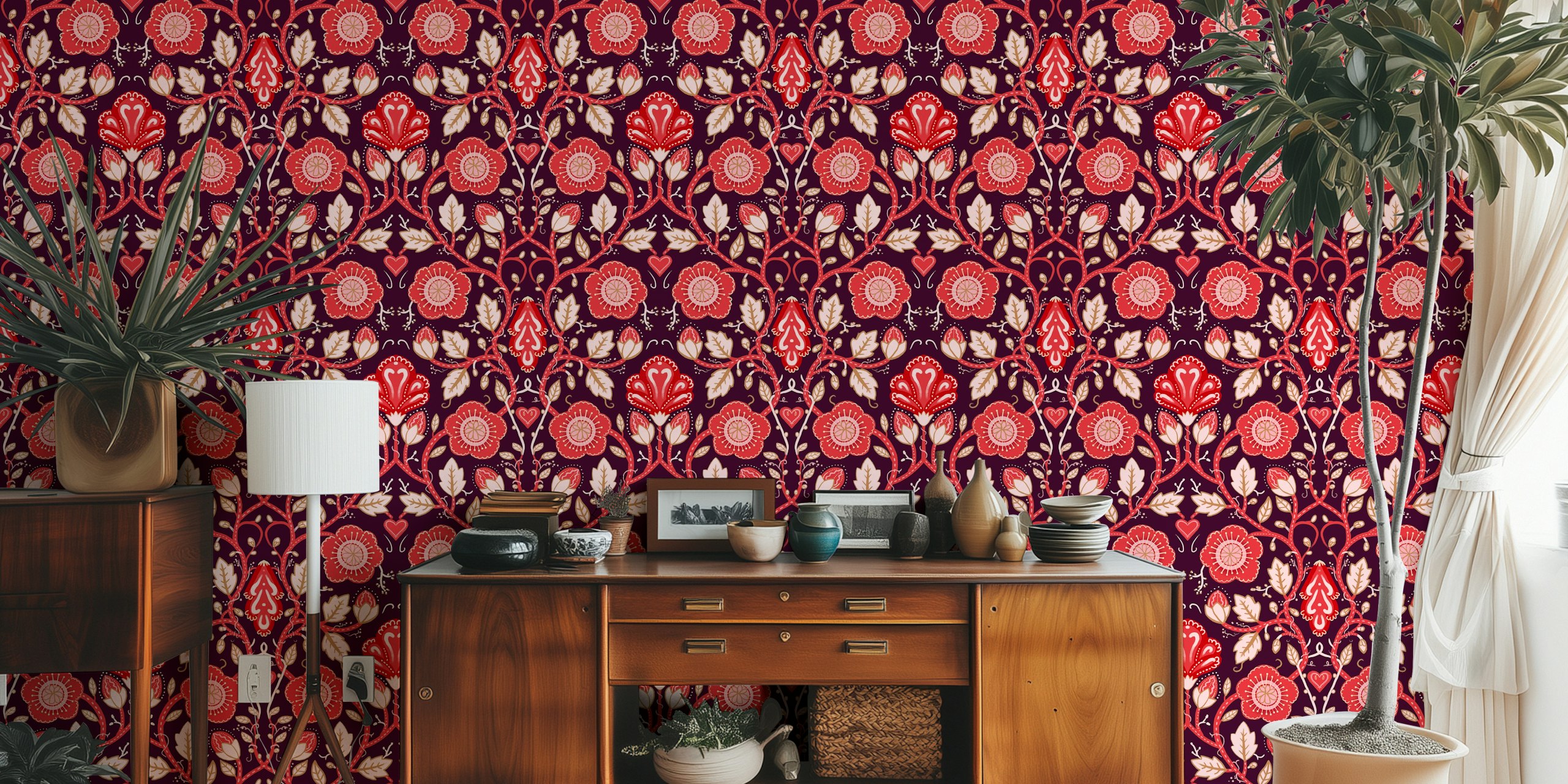 Flower patterns in red and pink with leafy vines wallpaper
