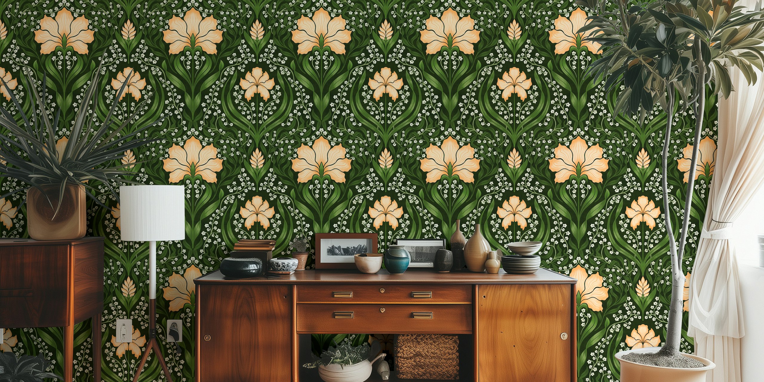 Intricate floral damask wallpaper na tonalidade damasco