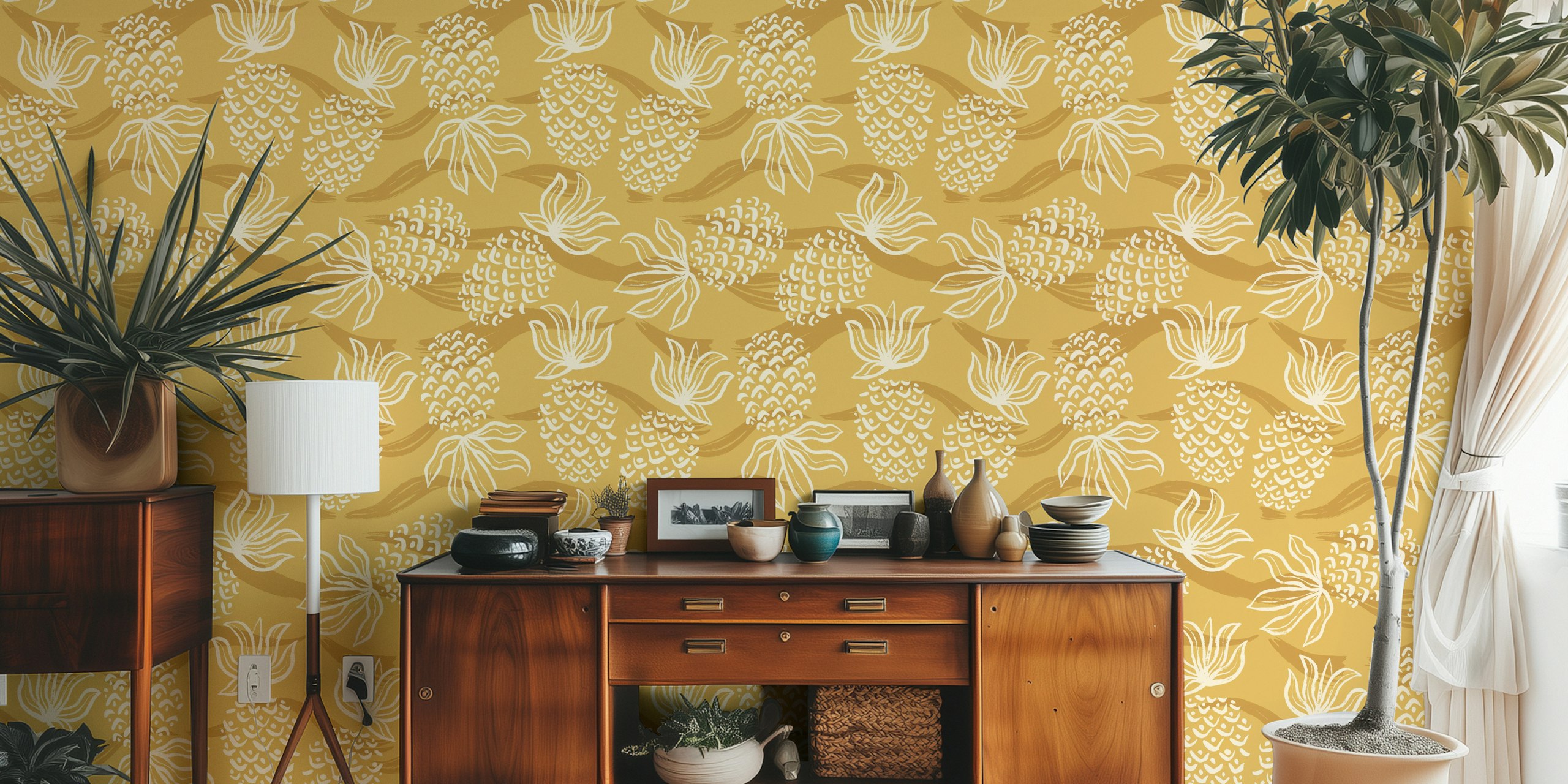 Tropical pineapple motif in warm yellow with floral accents wallpaper