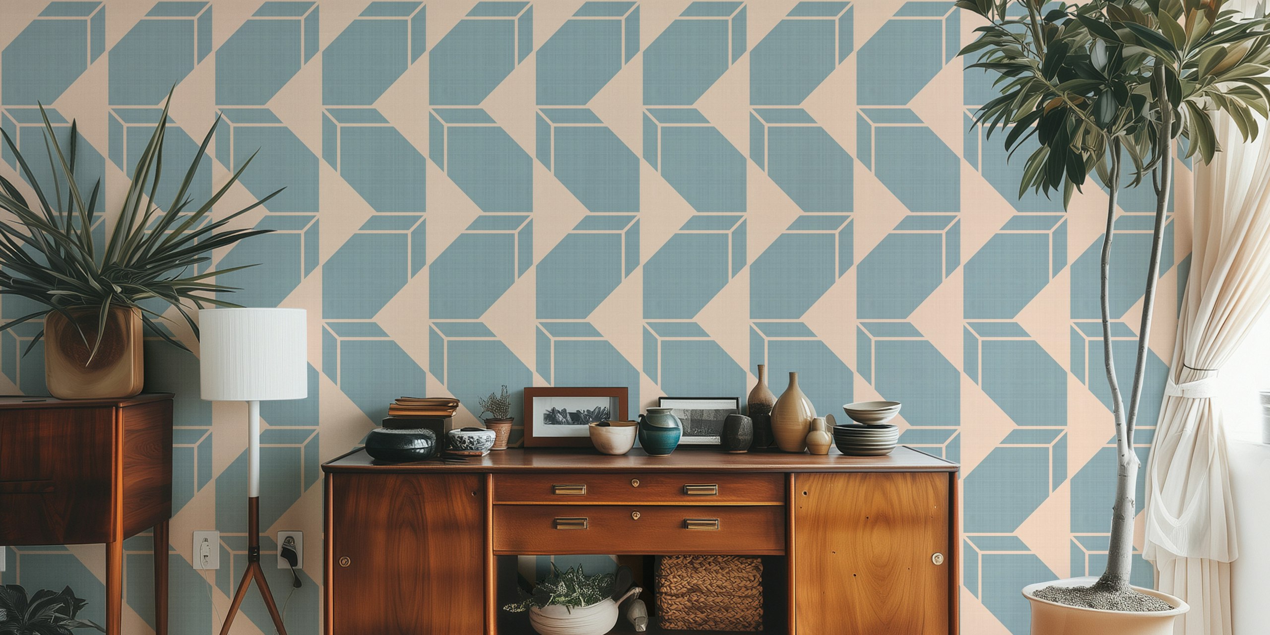 Geometric shapes in pastel blue on soft pink background wallpaper
