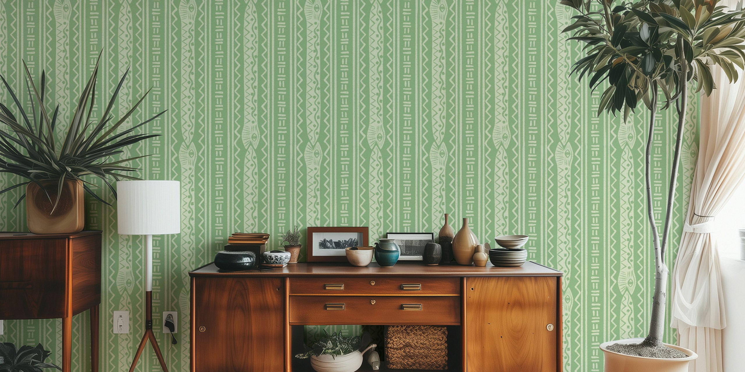 Snake pattern in stripes on sage green background wallpaper