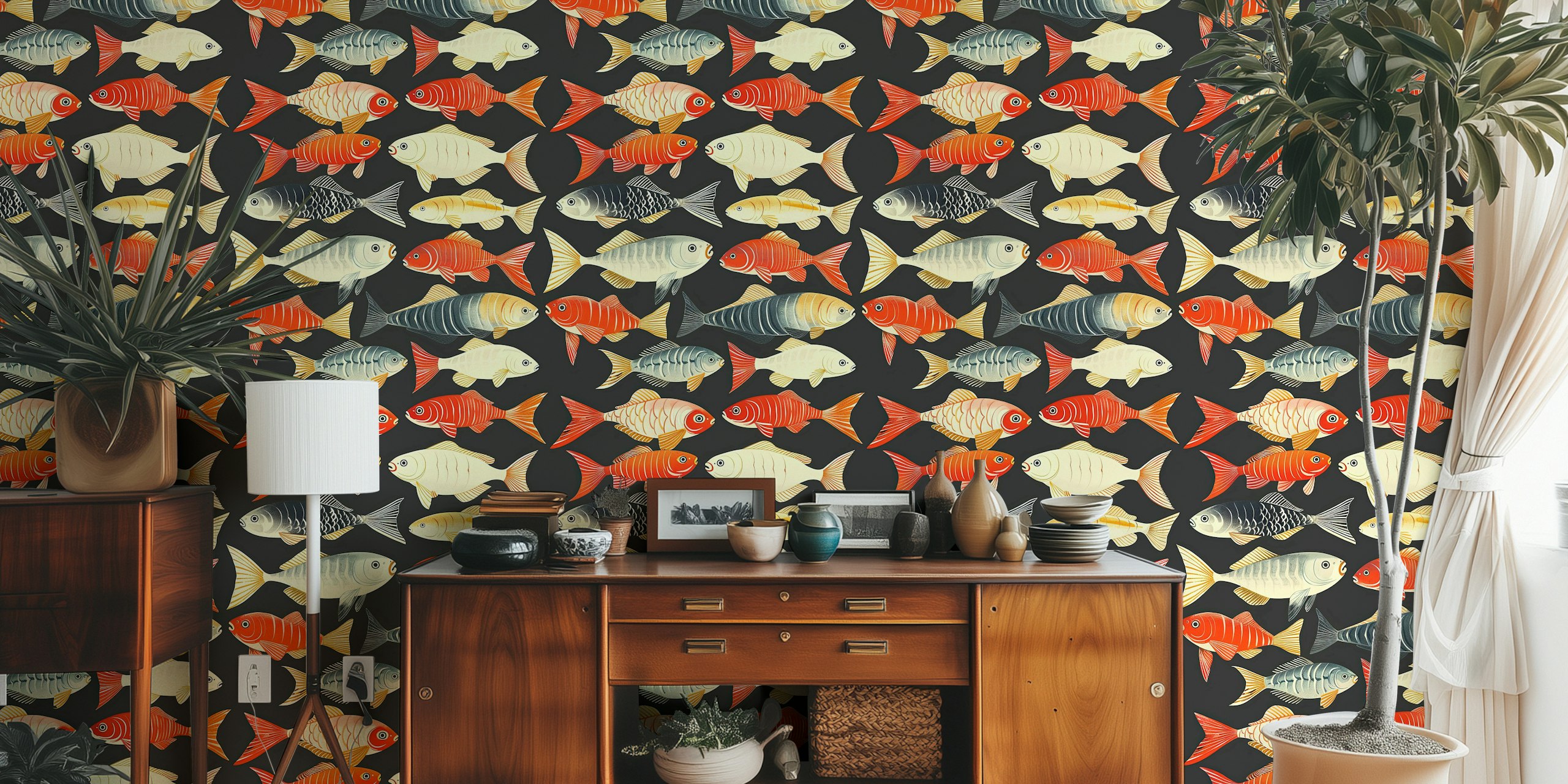 Minimalist fish wallpaper design on a dark background