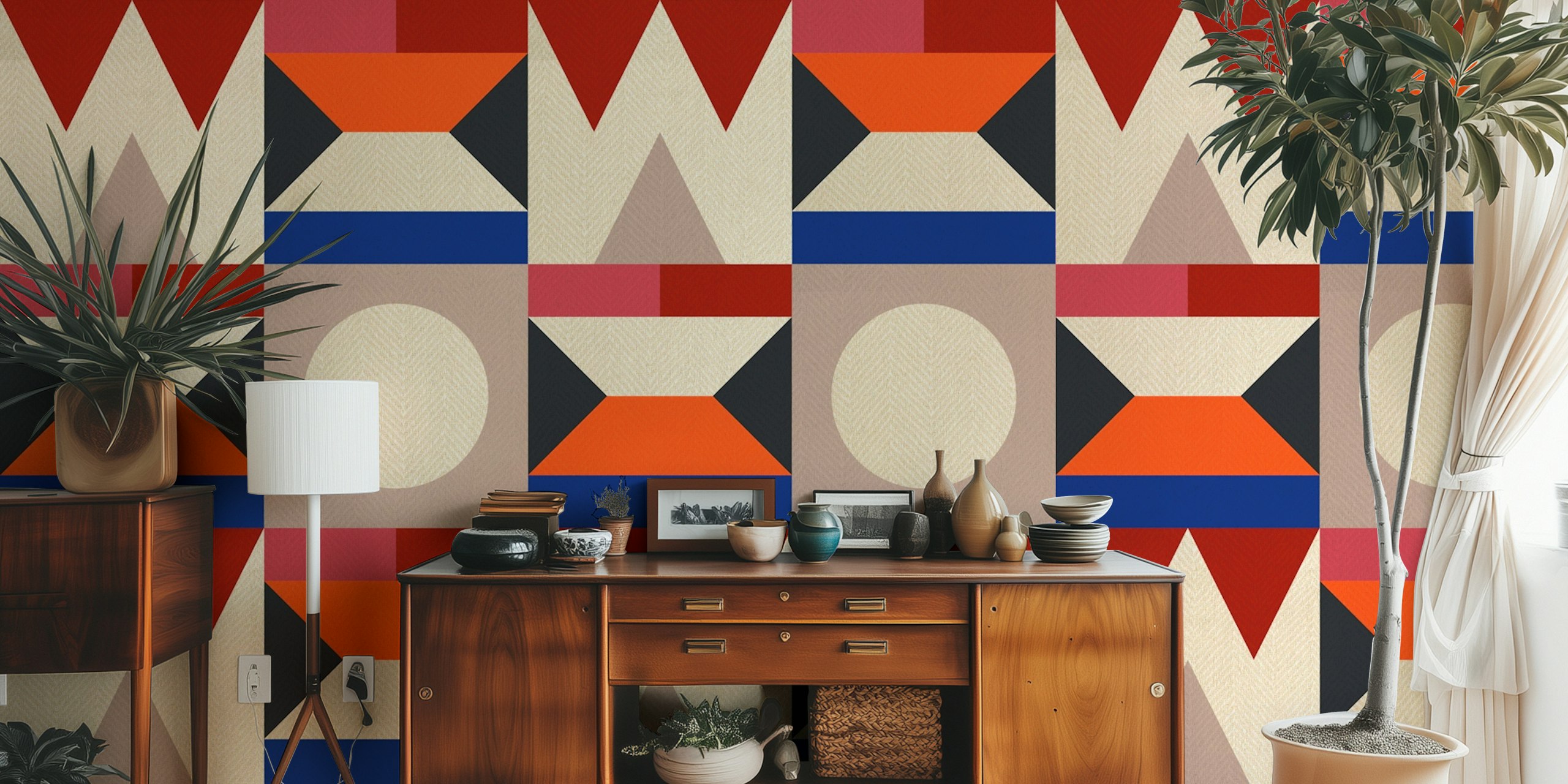 Geometric pattern with red, blue, and beige shapes wallpaper
