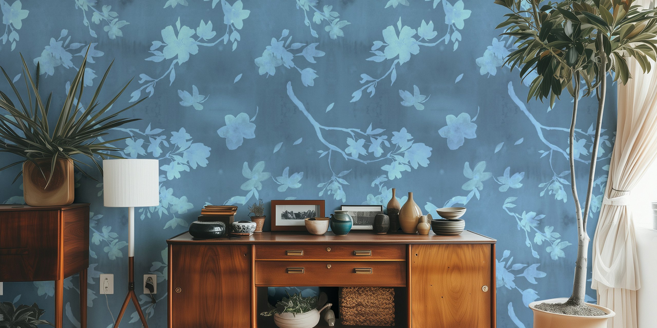 Blue floral wallpaper with delicate blossoms and leaves