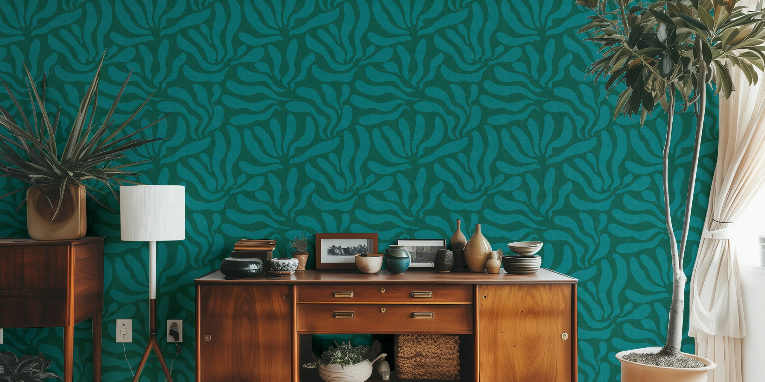 Flowing Modern Leaves wallpaper in teal