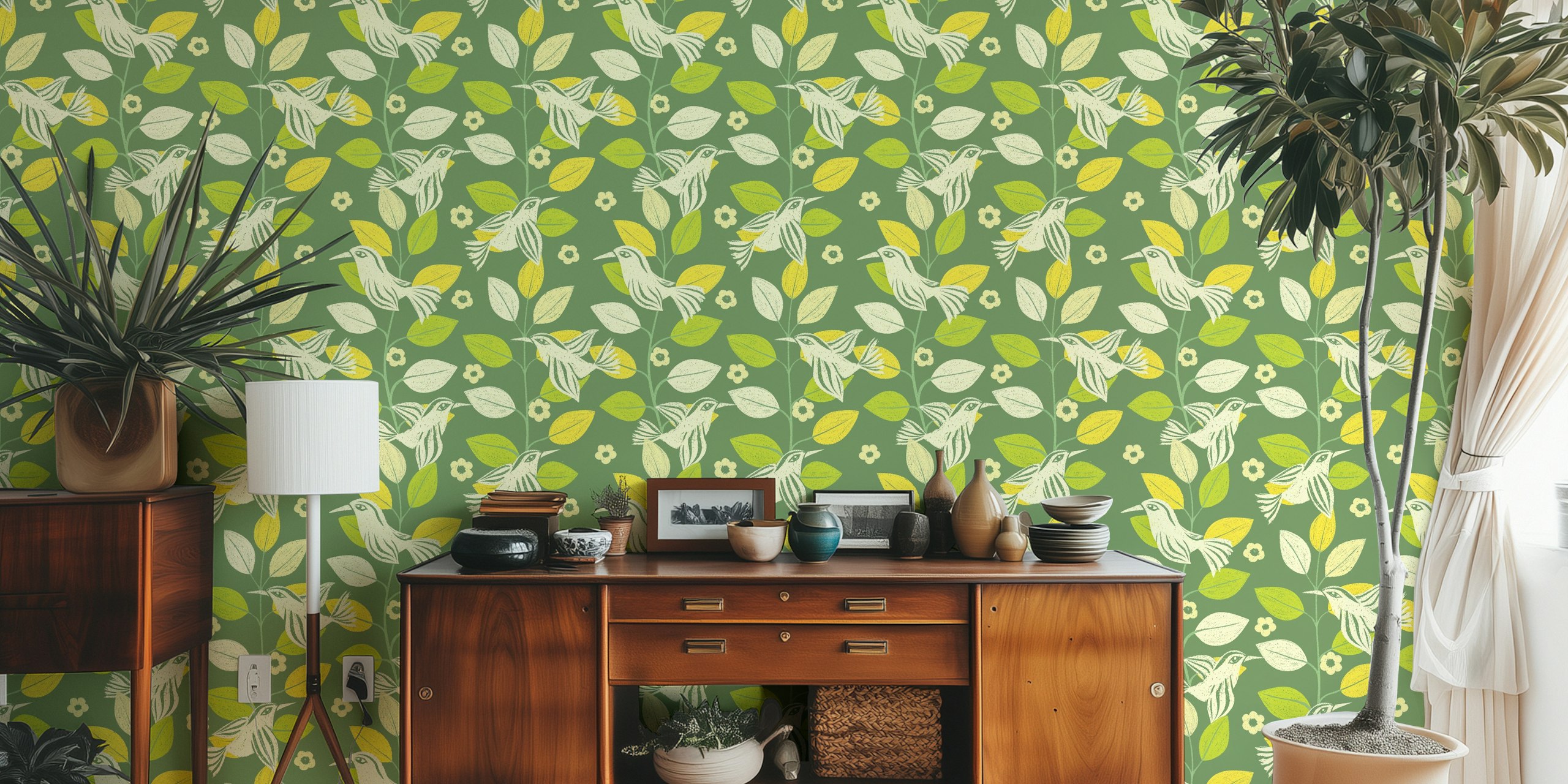 Papel de parede Sage green com pássaros e folhas abstratas