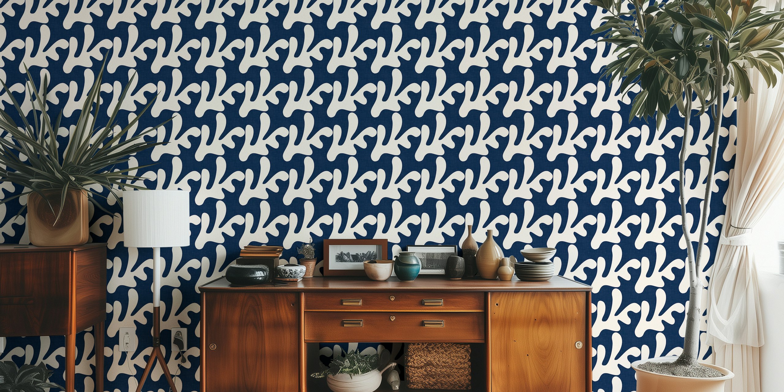Retro Tropical tapet med ocean blue leaves