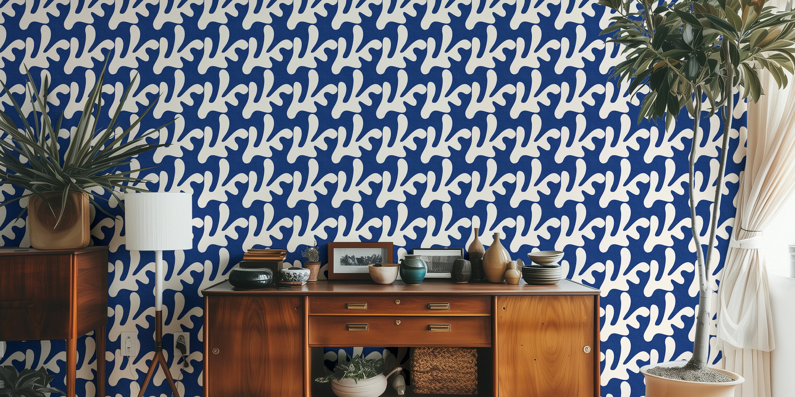 Navy blue coral shapes on cream background wallpaper