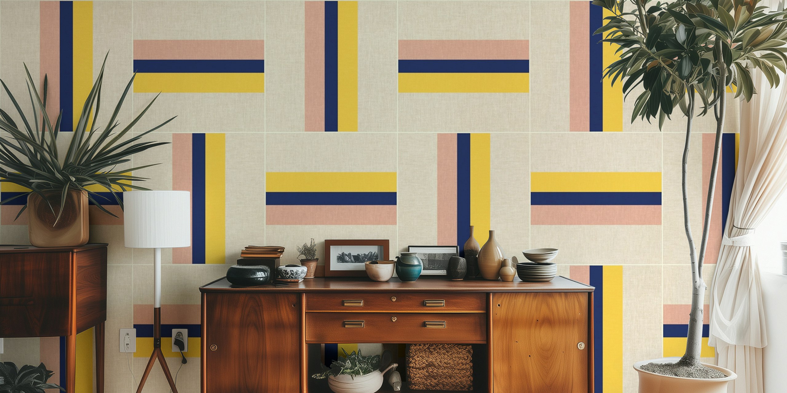 Geometric pattern with yellow, blue, and pink stripes wallpaper