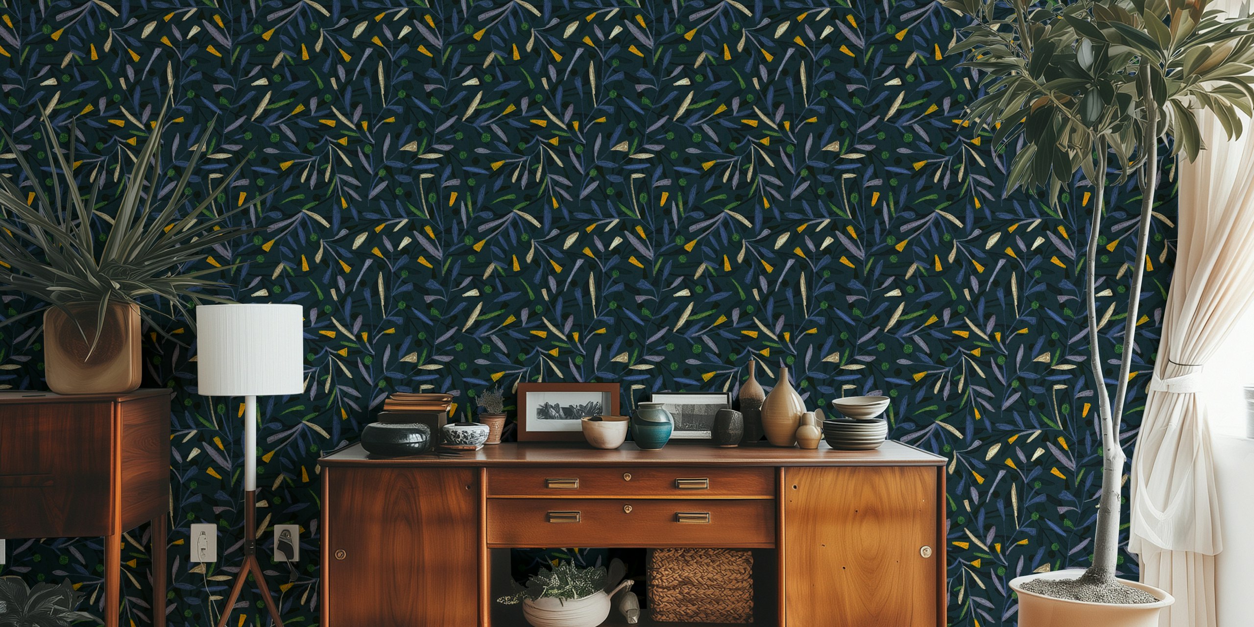 Midnight floral pattern with blue and yellow flowers and leaves wallpaper