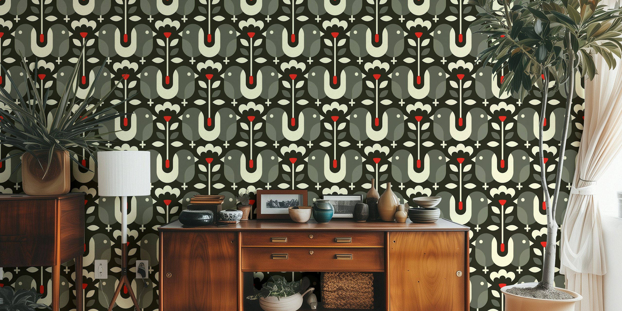 Modern bird art wallpaper in a room