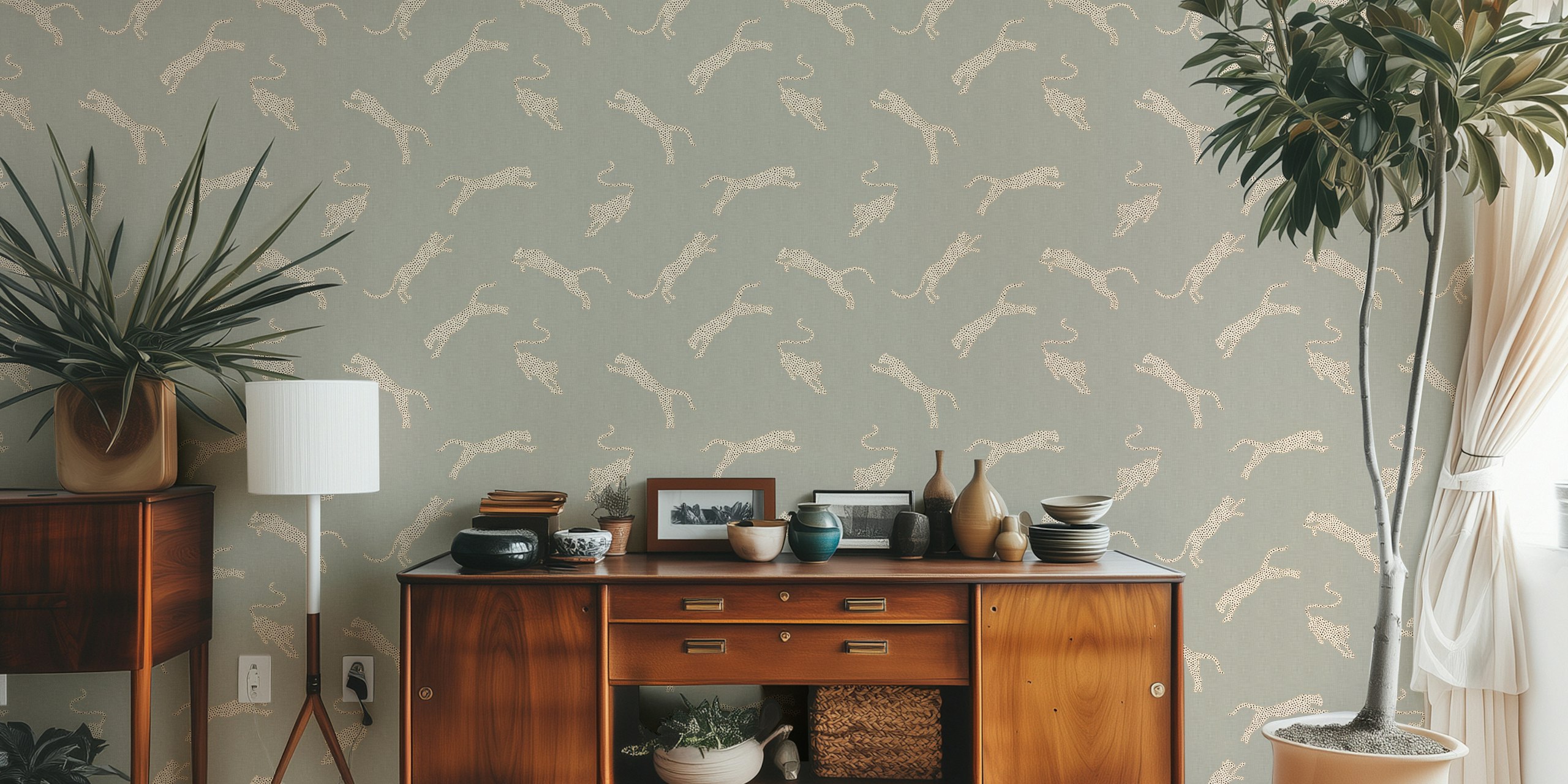 Leaping leopards in beige on vintage taupe textured wallpaper