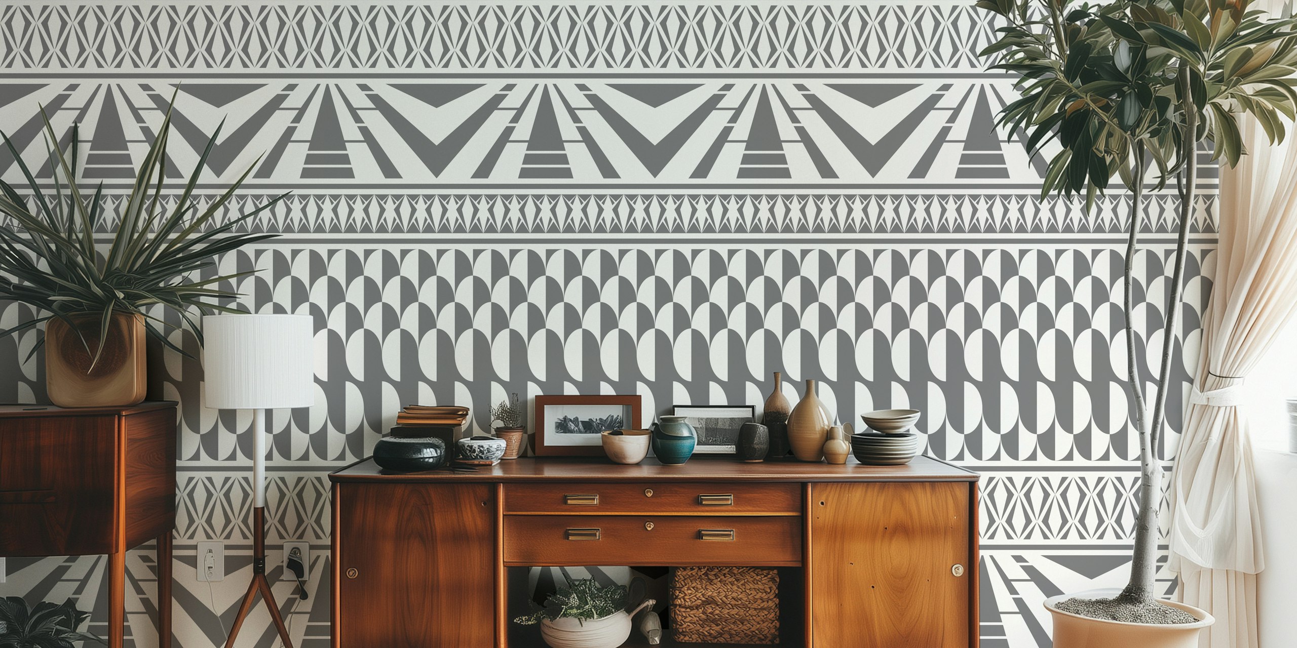 Geometric grey minimalist wallpaper in a room