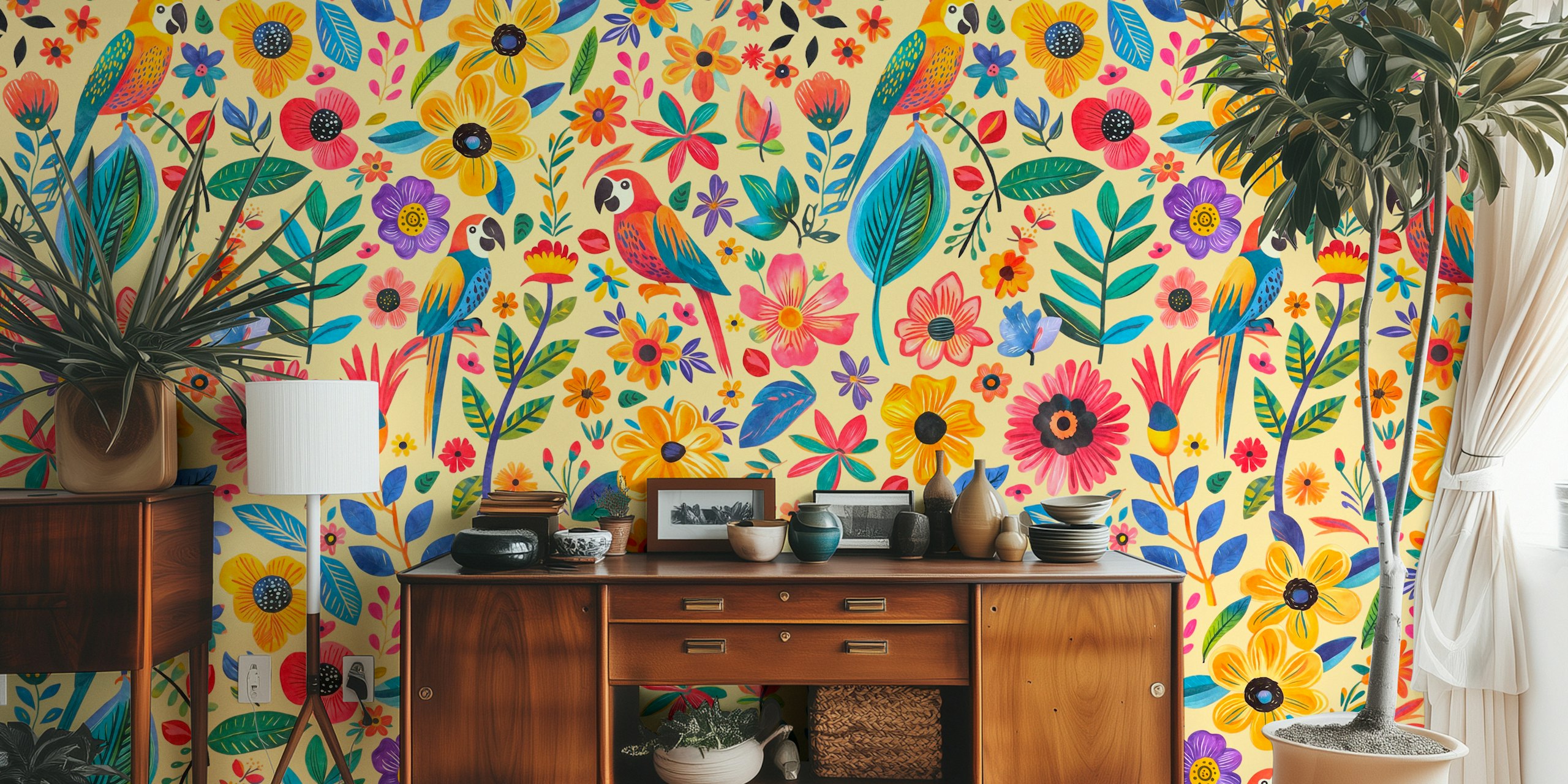 Exotic Floral e Parrot Paradise em um quarto