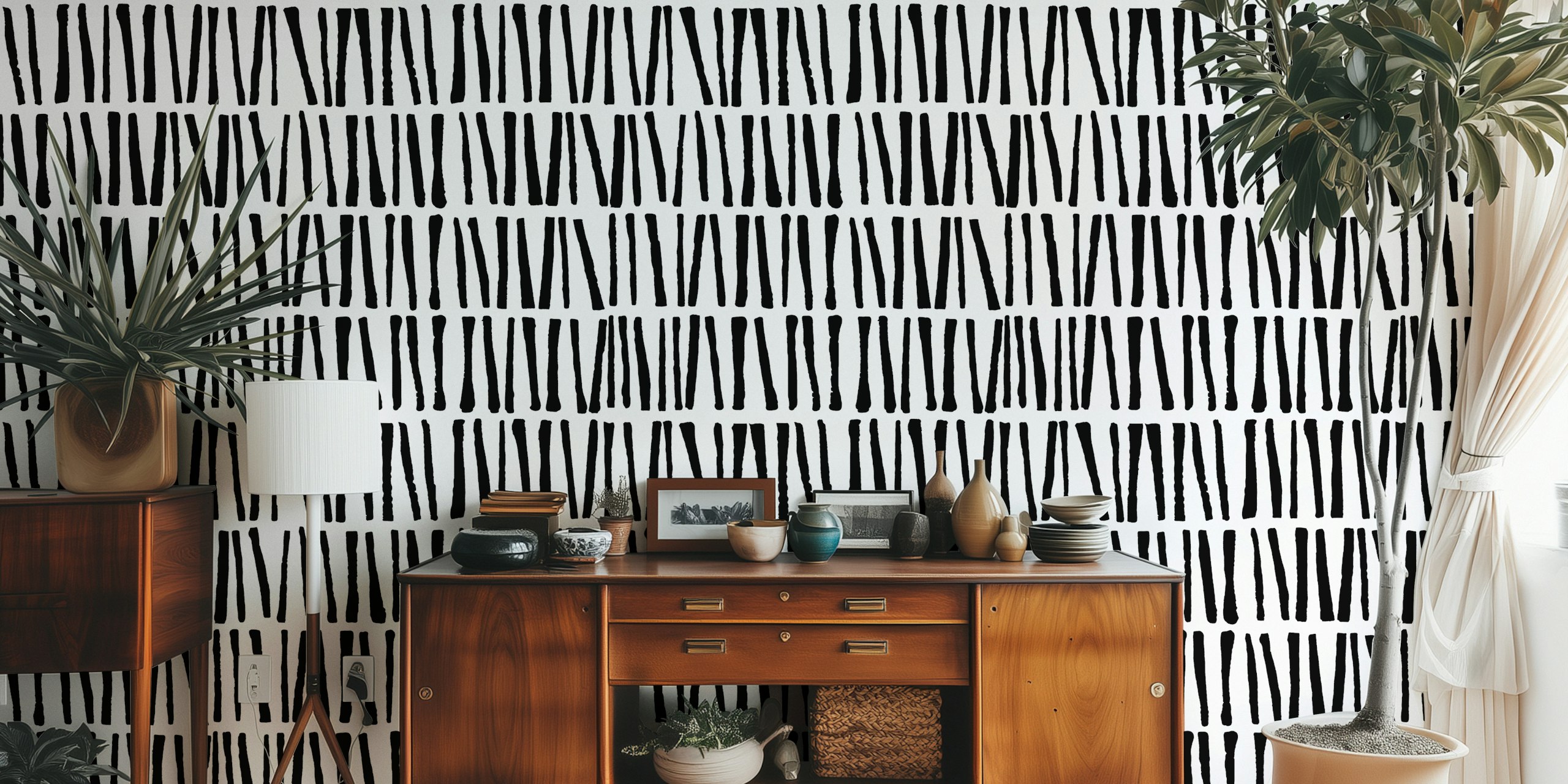 Black and white tribal lines wallpaper in a room