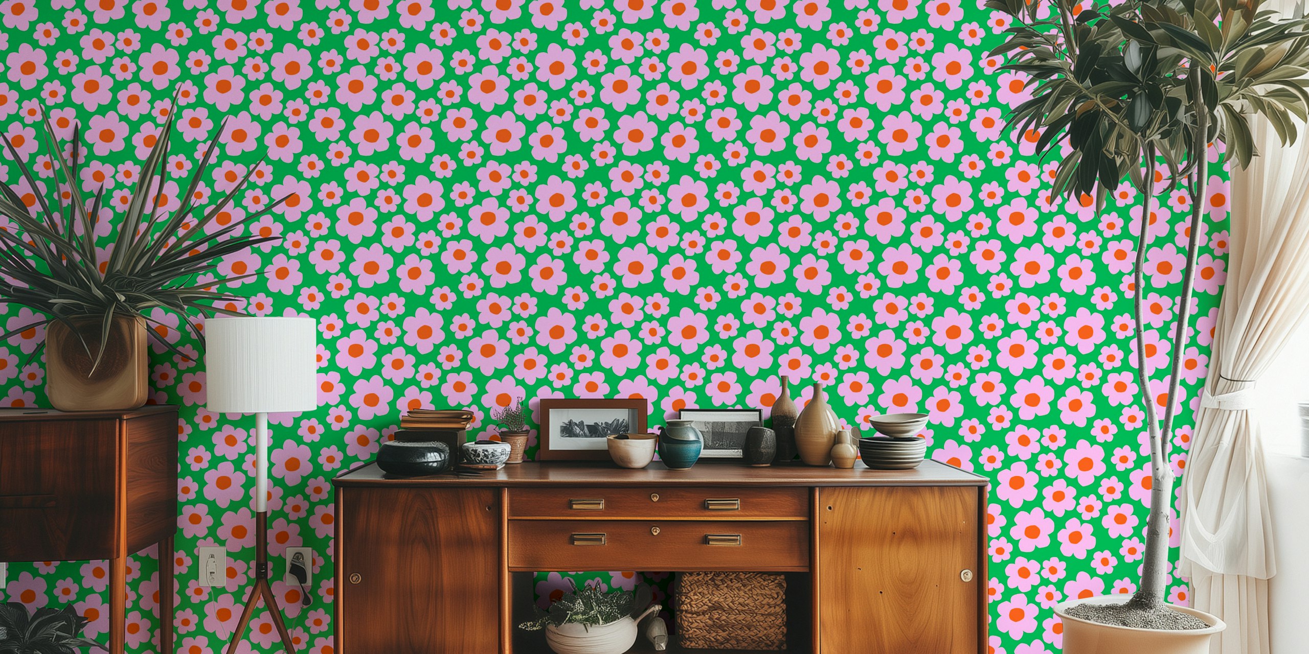 Colorful pink flowers on a green background wallpaper